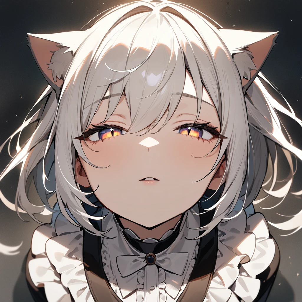 1girl,portrait,Cat ear,Slit pupil,masterpiece,best quality, very aesthetic,absurdres,highlight,center frills,cat ear,medium shot,looking at viewer,half closed eyes,front view,(looking up:1.3),Parted lips,kiss,(from above:1.3),Dutch angle,straight-on,White hair