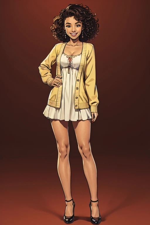 ((full body:1.4)). cute 20 yo biracial woman with curly hair, short, beautiful fit figure. Warm(smile:1.2), Cardigan, ruffle dress, kitten heel shoes.