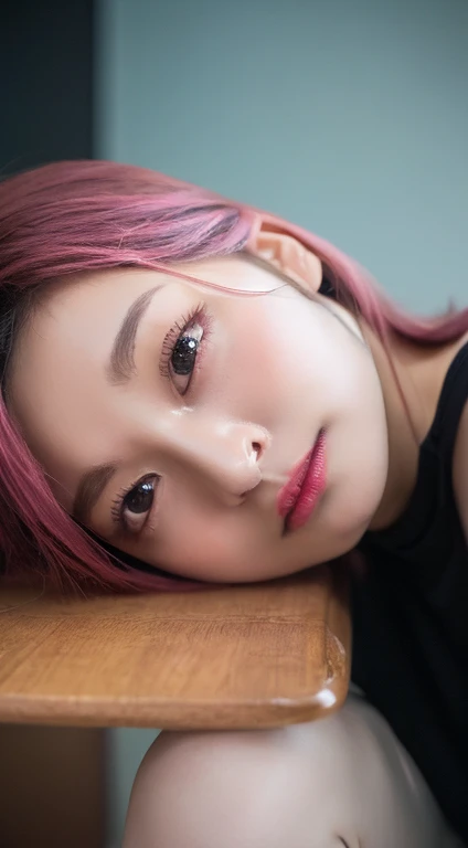 show off nipple,Tabletop, highest quality, shape, Very detailed, finely, High resolution, In 8K,wallpaper, 完璧なダイナミックな構shape, Beautiful and beautiful eyes, Black Tank Top,Short Bob Hair、Pink Hair Color,Big Natural Color Lip, Bold sexy pose,Crying a little、Cold Stare,Harajuku、20-year-old girl、cute、Looking up at the ceiling、In a dark room、Sleeping in bed
