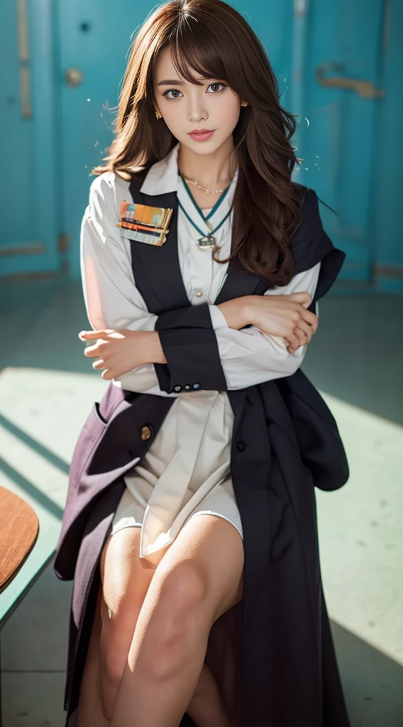 (Very detailedな CG Unity 8k 壁紙), (masterpiece), (highest quality), (Very detailed), (Best illustrations), (Best Shadow), (Absurd), Age 25, strong, Embarrassing, Sweat, vapor, The gaze of the viewer sees a female teacher with long hair, Brown Hair, White blouse, Black Skirt, Upturned eyes, Shining fluorescent lights, Full-length portrait of a person standing in a junior high school classroom.