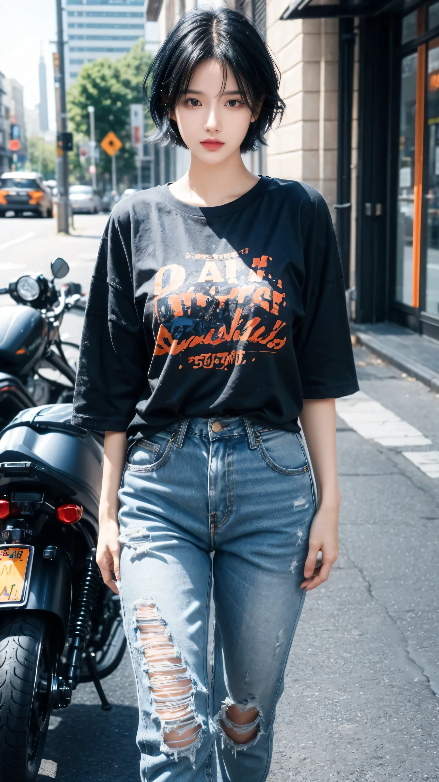best quality, 1 Girl, dark blue hair, black eyes, Very short hair, Spiky hair, oversize t-shirt orange , High waist short jeans, 171 cm, Messy hair, Hair between the eyes, Medium breasts, full, Tomboy, aldult, 20 years old, 1 Girl near motorcycle orange