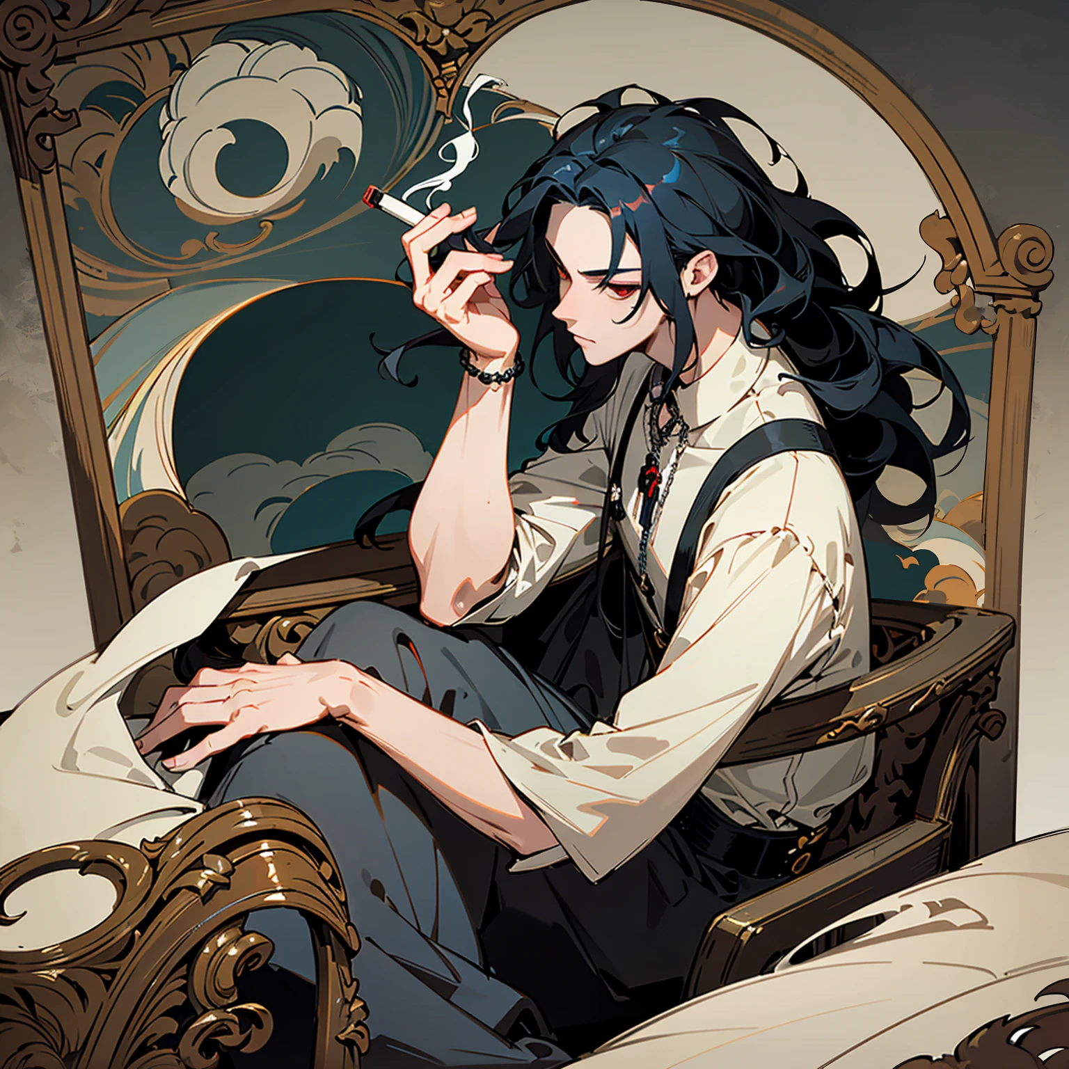 Male Character,Emo, Sitting At Computer, Hair Covers Face, Cigarette In Teeth, Black Hair Hair, Red Eyes, Mullet, Wavy Hair, Rosary, Stylized Character Design, High-Quality Character Design, Detailed Character Design, Stylized Character Design, Excellent Character Design, Male, Very Detailed Outfit, Sexy, Hot, Son, Antique, Garters, Facade, Side Face, Beautiful Boy, Perfect Face, Detailed Eyes, Many Accessories, elegant