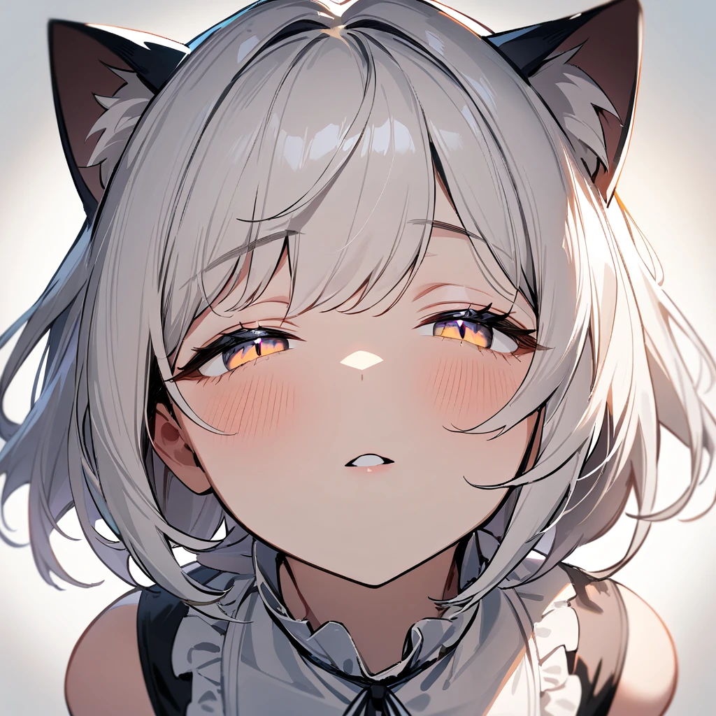 1girl,portrait,Cat ear,Slit pupil,masterpiece,best quality, very aesthetic,absurdres,highlight,center frills,cat ear,medium shot,looking at viewer,half closed eyes,front view,(looking up:1.3),Parted lips,kiss,(from above:1.3),Dutch angle,straight-on,White hair