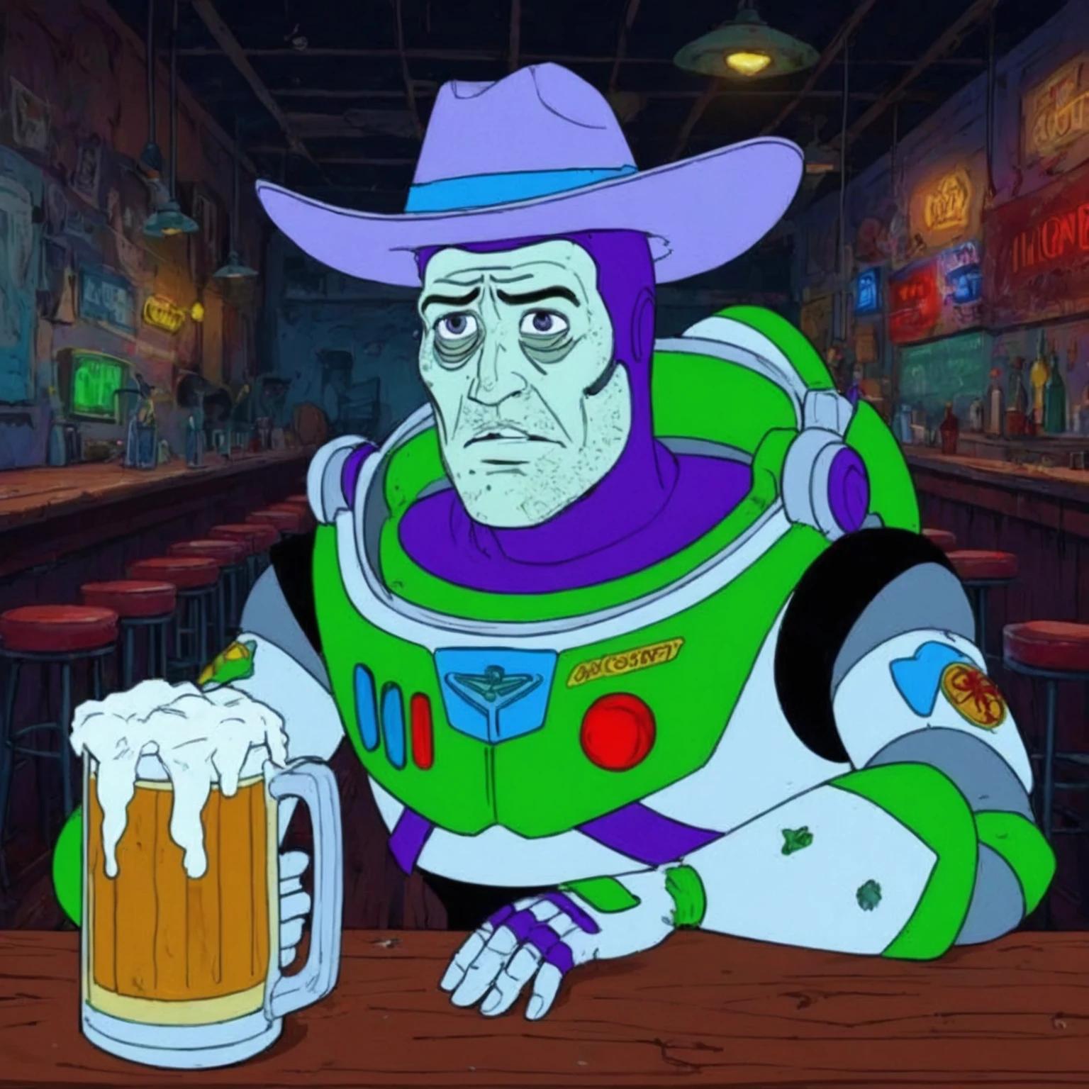 A rotoscoped hand animated cel of a screengrab of buzz lightyear, haggard, seen better days, washed up, drinking an amber beer from a frosty glass mug somberly alone at a dive bar. The scene is set in a dilapidated run down night club, and the image conveys a mix of tragic, despair, hilarious, silly, haunting, unsettling, and overwhelming dread emotions. The image is too real and harsh. Buzz is wearing an adorable tiny purple cowboy hat tied down under his chin.