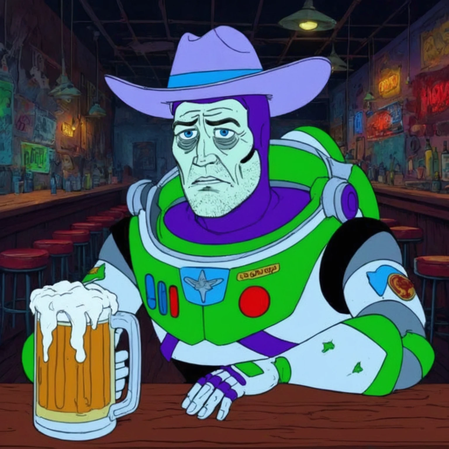 A rotoscoped hand animated cel of a screengrab of buzz lightyear, haggard, seen better days, washed up, drinking an amber beer from a frosty glass mug somberly alone at a dive bar. The scene is set in a dilapidated run down night club, and the image conveys a mix of tragic, despair, hilarious, silly, haunting, unsettling, and overwhelming dread emotions. The image is too real and harsh. Buzz is wearing an adorable tiny purple cowboy hat tied down under his chin.
