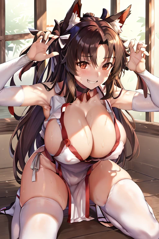 masterpiece, best quality, beautiful art, high resolution, well formed hands, body and fingers,1 woman, solo, Imaizumi Kagerou, wolf ears and wolf tail, adult, grown up, hair ribbon, big breasted, cleavage full body, long hair, hair ornament, gorgeous legs and thighs, white_kunoichi_dress, white stockings, sleeveless, underwear peek, she is doing exercise, warming up, stretching her body, bouncing breasts, sexy and erotic training, working out, sweating, smiling joyfully and brightly, training montage session, beach environment