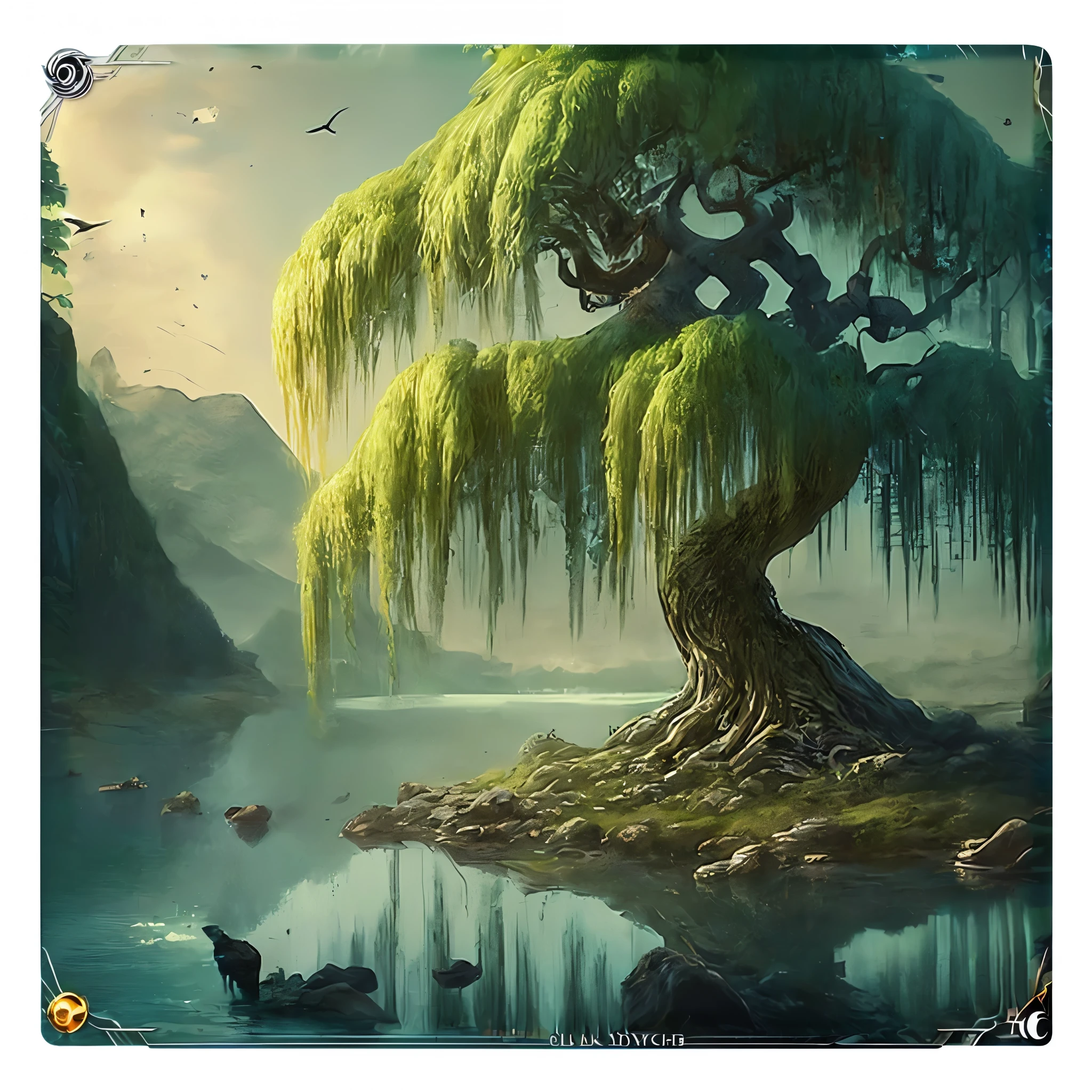 there is a painting of a tree next to a lake, fantastic tree, Card art, fantasy card game art, stylized painting, вдохновленный WLOP, collectible Card art, best on clap, clap art, epic fantasy card game art, clap painting style, clap and rhads, clap |, inspired by Christophe Vache