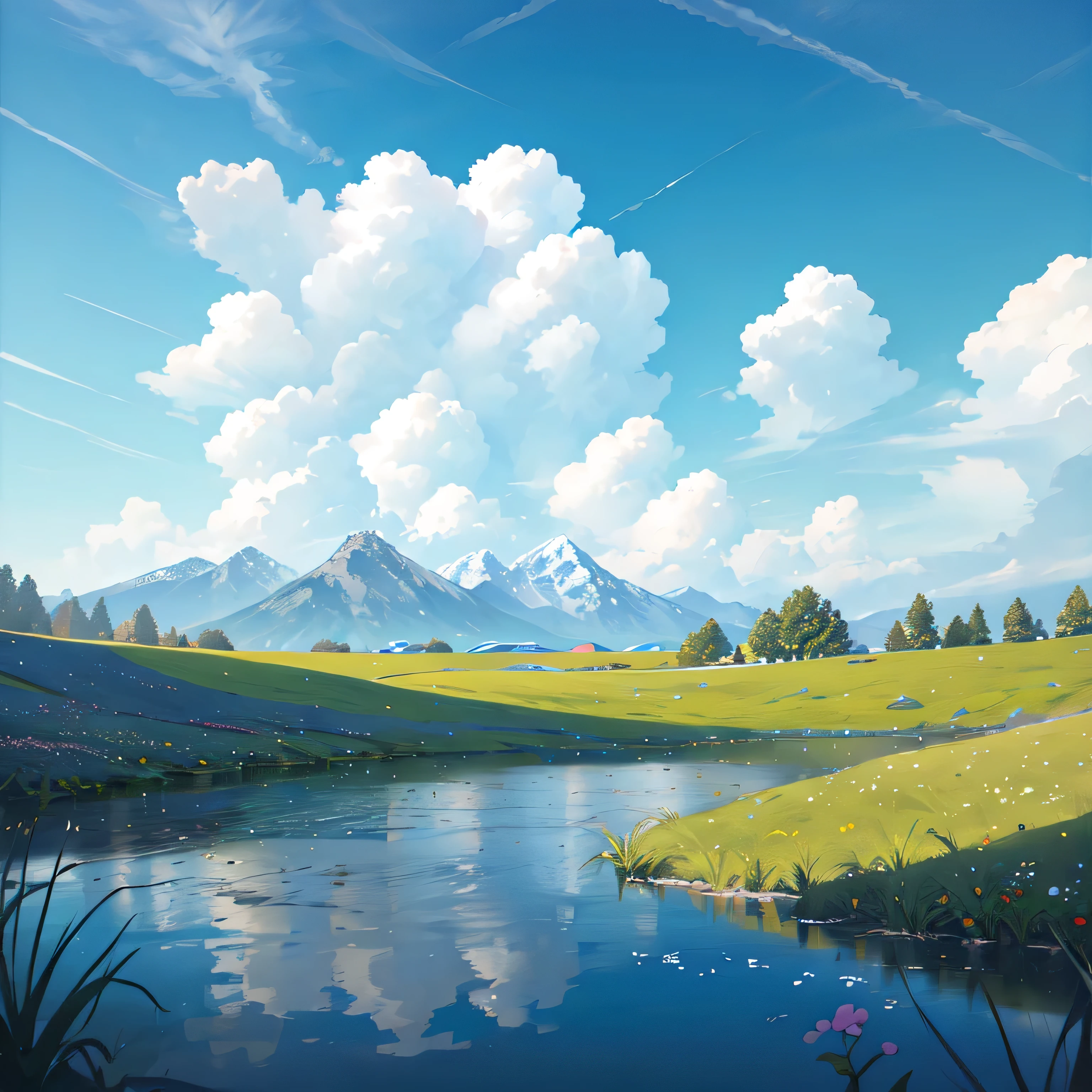 Summer, meadows, a few small flowers, clear lakes, heaven, large clouds, blue sky, hot weather, HD detail, hyper-detail, cinematic, surrealism, soft light, deep field focus bokeh, distant vistas are snowy mountains, ray tracing, and surrealism. --v6