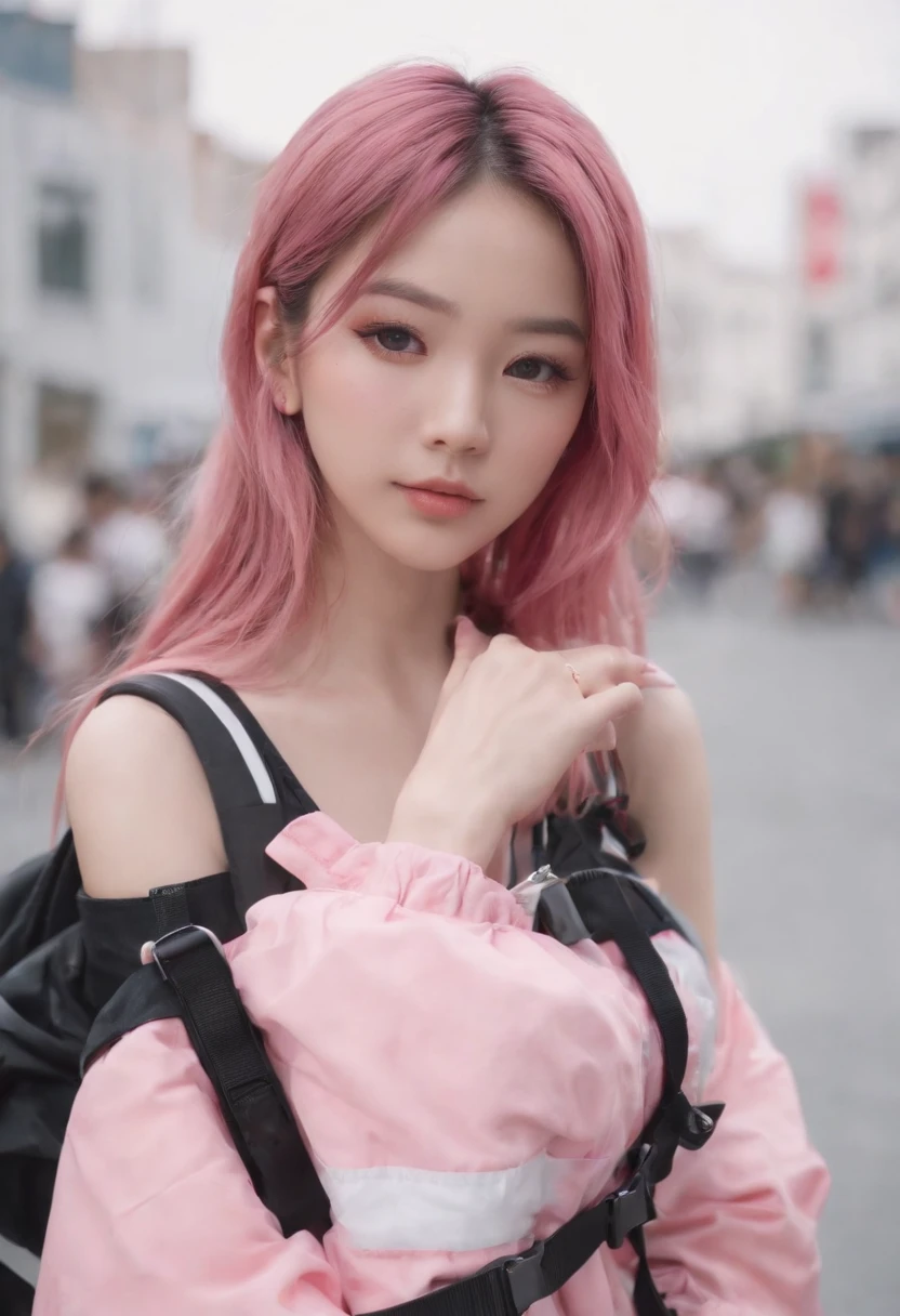 show off nipple, Anime girl pinkの髪の with backpack, She wears streetwear, pinkの髪の, portrait of ブラックpinkのジョシ, Ulzzang, ((pink)), ブラックpinkのジョシ, ブラックpinkのラリサ・マノバン, Wearing cyberpunk streetwear, Japanese Streetwear, I have long hair, Real life anime girls, Casual pose, pink girl