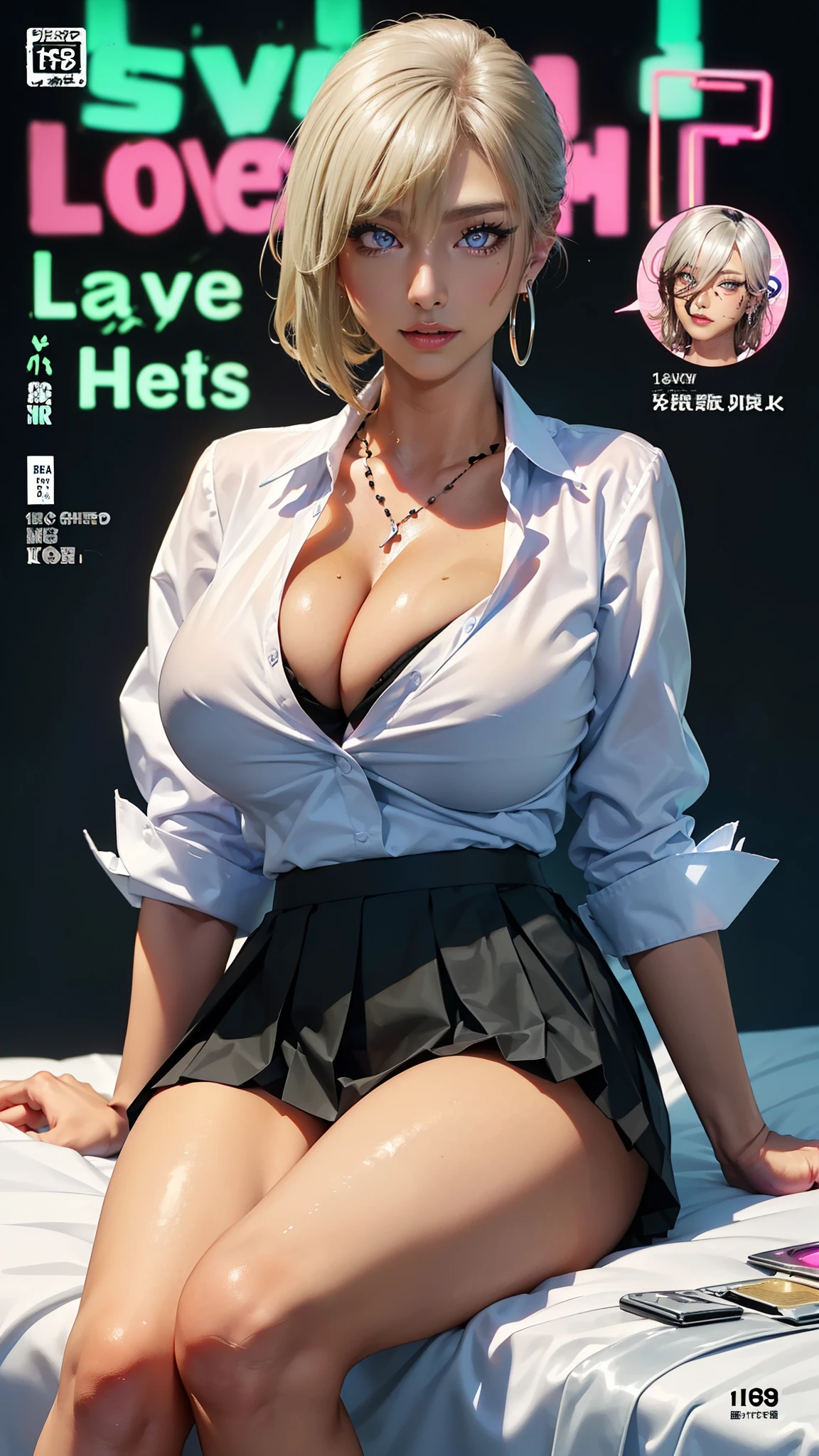 ((JAV Cover:1.8, big, POP title text:1.8)),(SFW:1.8, highest quality、highest quality、masterpiece、Ultra-high resolution, 8k, RAW Photos, Realistic: 1.4), (Safe and secure、Everyone、safety sensor、Absolutely safe, safety), Indirect lighting to suit your space、From feet to head、One Girl, the body is slim、Oval Face, pore, (Multi-color contact lenses、Lip gloss, Long eyelashes), (Mega Size Super Big Tits:1.5), ) (Detailed pupil, Perfect Eyes:1.2), (Reflect light、Shiny clothes that show wrinkles:1.2), (Lots of ear piercings:1.2), necklace, latex, Attractive perfect female proportions, Captivating smile, Fine surface texture, high school girl、short hair、Cream yellow and light blue inner hair color、(White shirt and black pleated skirt:1.8)、(A girl wearing a cream yellow cardigan)、(((Mega Super Busty))), Big cleavage、Sexy bra visible through the gap、(A casual Japanese love hotel with bright neon lights、Sexy messy bed:1.8)、Spread your legs、