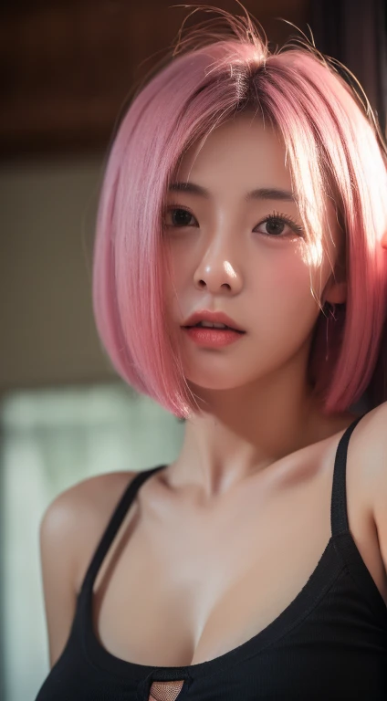show off nipple,Tabletop, highest quality, figure, Super detailed, In detail, High resolution, In 8K,wallpaper, Perfect dynamic composition, Beautiful fine details, Black Tank Top,Short Bob Hair、Pink Hair Color,Big Natural Color Lip, Bold sexy pose,Crying a little、Cold Stare,Harajuku、20-year-old girl、cute、Looking up at the ceiling、In a dark room、Sleeping in bed