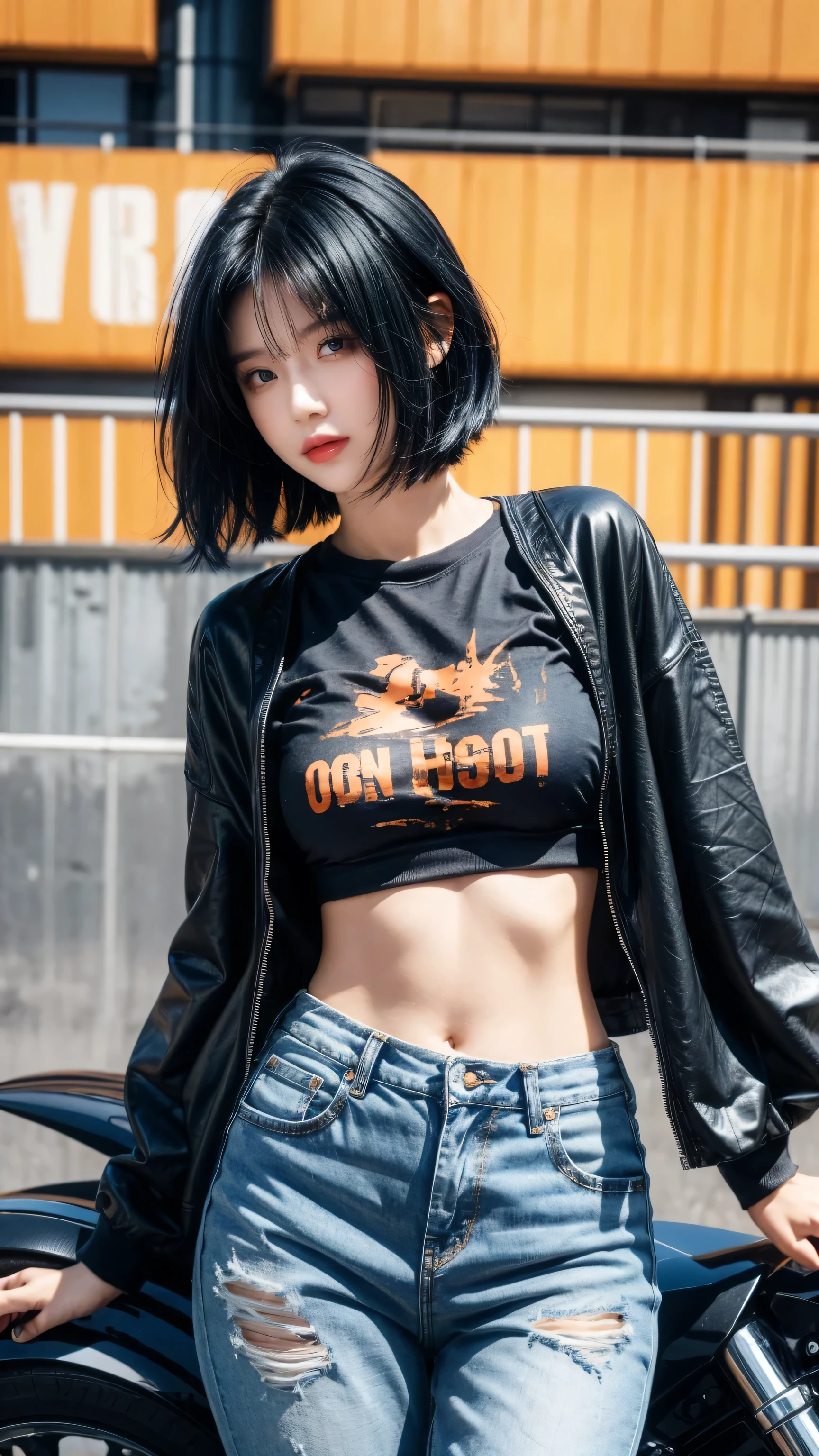 best quality, 1 Girl, dark blue hair, black eyes, Very short hair, Spiky hair, oversize t-shirt orange , High waist short jeans, 171 cm, Messy hair, Hair between the eyes, Medium breasts, full, Tomboy, aldult, 20 years old, 1 Girl near motorcycle orange