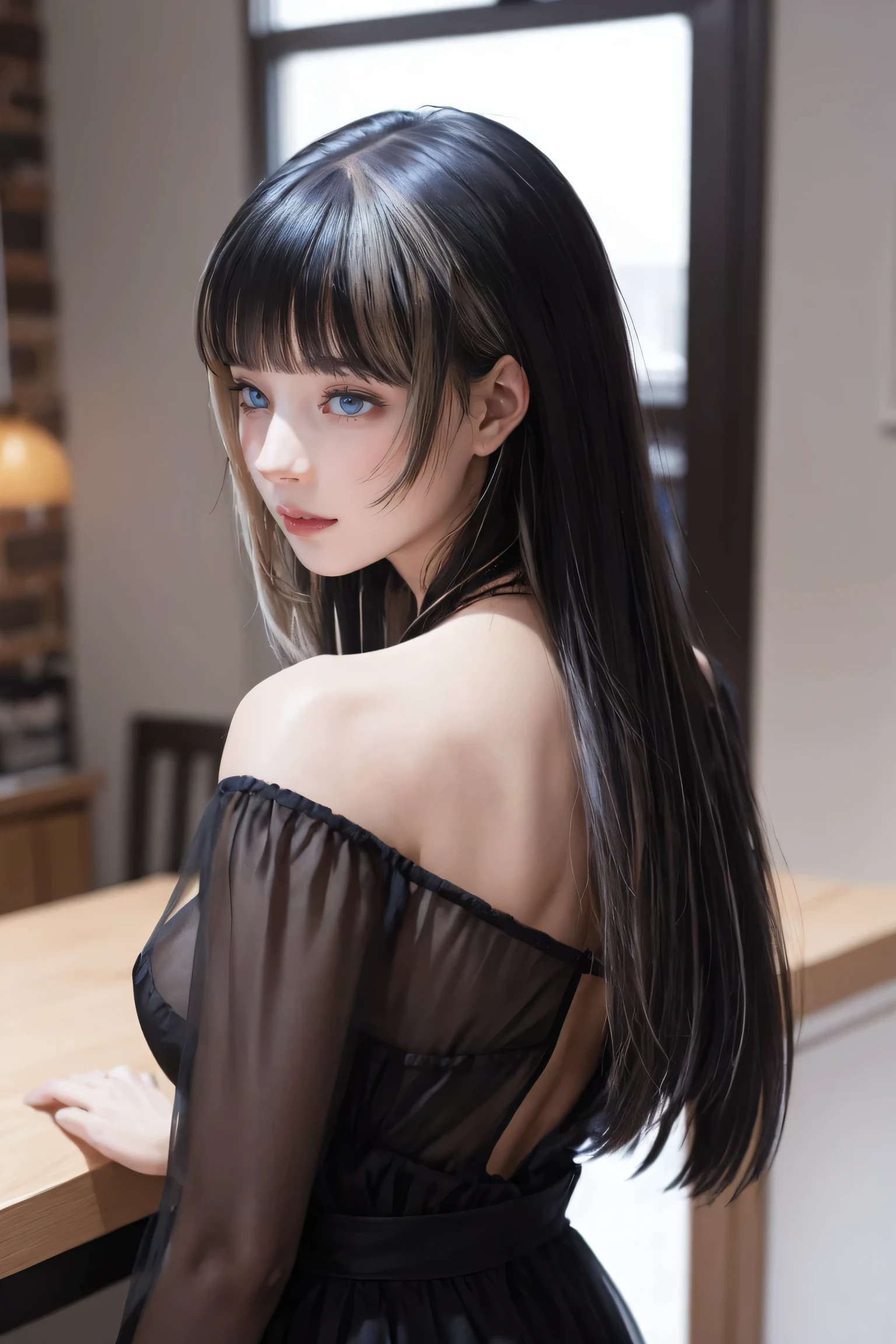 (best quality, highres:1.2), (realistic, photorealistic:1.37),
(looking at viewer,1.8)
1girl, solo, black hair, blue eyes, blurry, bokeh, closed mouth, eyelashes, jewelry, lips, long hair, necklace,