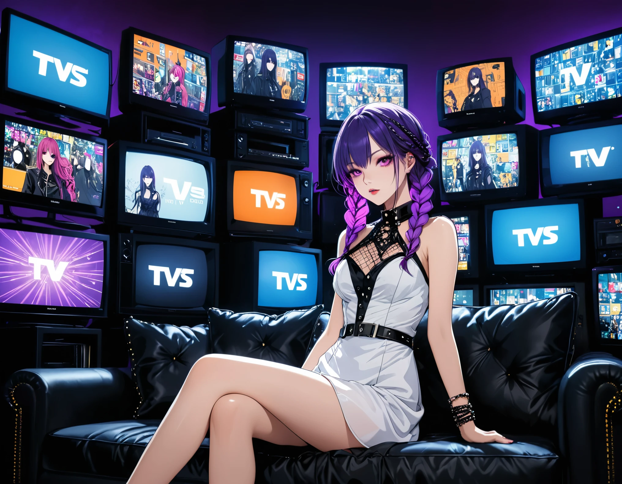 in style of Takeshi Obata,in style of Jillian Tamaki,in style of Nick Veasey,studio lighting,1girl,(future goth-punk costume:1.4),(a lot of tvs are stacked on top of each other to form the background:1.5),cowboy_shot,(sitting on the sofa:1.3),(front view:1.2),backlight,arm_support,leaning_on_sofa,screen syncing,(face_focus:1.5),long braids,gradient purple braids,detail eyes,detail skin,detail face,(flat Doodle style:1.5),face focuse,detailed facial features, long eyelashes, full lips, delicate skin, wearing a flowing white dress, , 4k, best quality, ultra-detailed, vivid colors, masterpiece