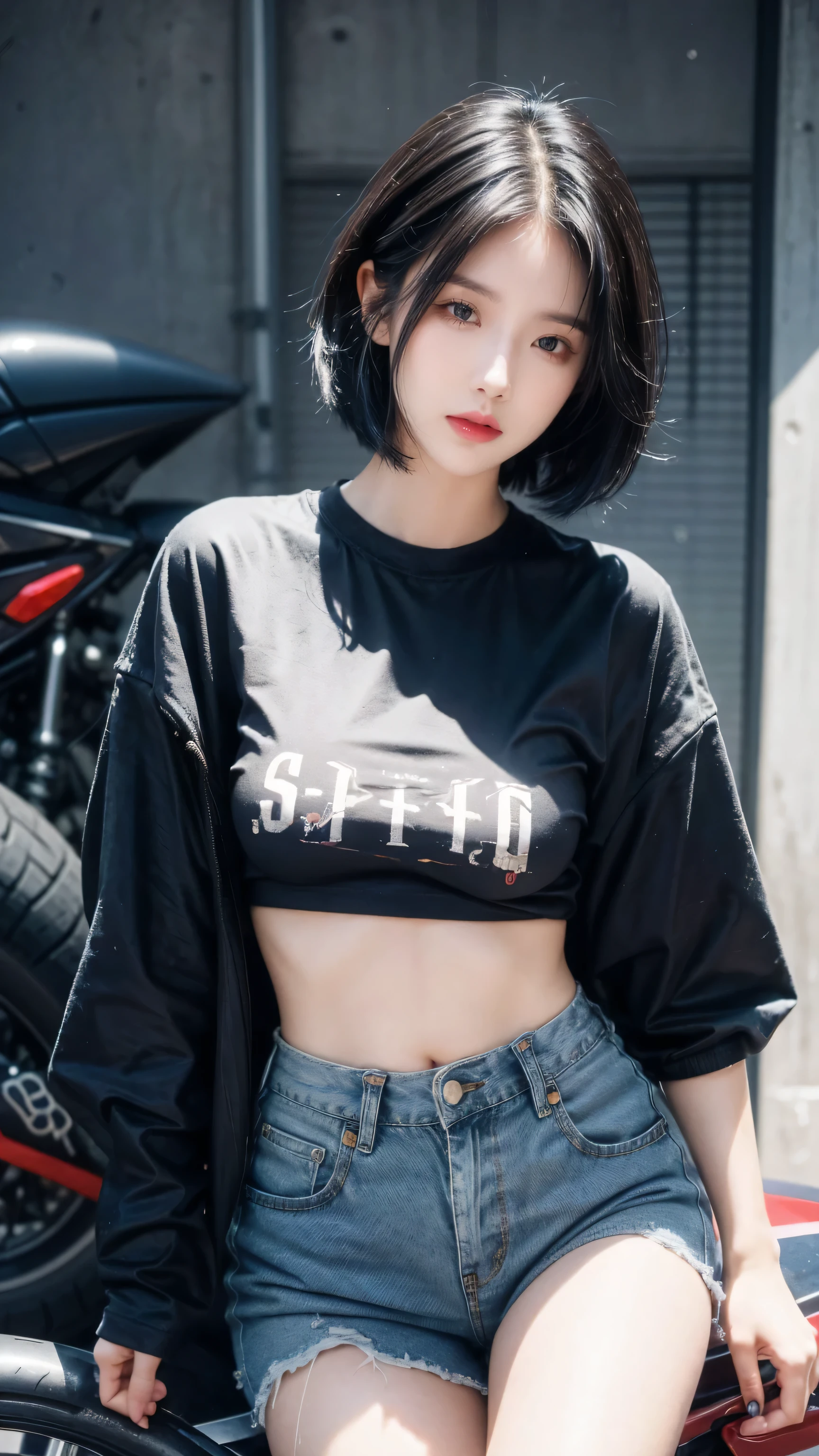 best quality, 1 Girl, dark blue hair, black eyes, Very short hair, Spiky hair, oversize t-shirt red , High waist short jeans, 171 cm, Messy hair, Hair between the eyes, Medium breasts, full, Tomboy, aldult, 20 years old, 1 Girl near motorcycle red