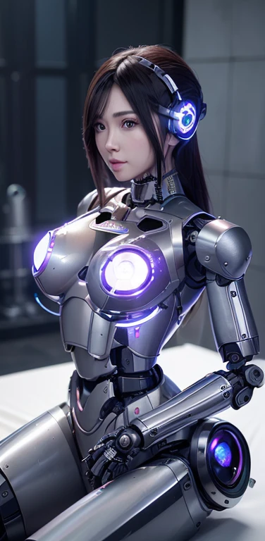 top-quality、masterpiece、超A high resolution、(Photorealsitic:1.4)、((a beauty girl:1.6)), 1 full-body cyborg girl、sixteen years old、NOhumans、she has no soul、No bust、Black Leotard、Black Armor、destroyed body、Under repair、Decomposing、Full body like、Unknown Planet、electronic brain、((The skin part is only the face)), Luminous Eyes、((Lots of split metal chest protectors)), Metal Robot、((The whole body is the body of a combat robot))、((Body parts are robot parts:1.8))、((The internal mechanisms of the chest are exposed)), ((Mechanical chest armor with LED indicators and meters)), Robot arms and legs、((Exposed metal skeleton of the abdomen))、Metal skeleton of the cervical region、Under repair、destroyed body、Metal Mechanical Bra、Full Body Metal Skin、Metal bodysuit、Metal scales covering the whole body、body made of metal、Whole body metal、a beauty girl、prosthetic hand、artificial leg、Full body cyborg、Exposed metal skeleton、Asian Beauty、cyberpunked、steampunc、Inside the futuristic space battleship、laboratory、Complex 3d rendering beautiful porcelain profile ultra detailed female type android face、dark brown hair、glowy skin、((super realistic details))、portlate、globalillumination、Shadow、octan render、metals、Details of complex ornaments、Japan details、highly intricate detail、Realistic light、CGSoation Trends、a purple eye、radiant eyes、Facing the camera、neon detailechanical limbs、blood vessels connected to tubeechanical vertebrae attached to the back、mechanical cervical attaching to neck、sitting on、Wires and cables connecting to the head、Gundam、Small LED lamp、masterpiece、 Metal Robot、body made of metal、Whole body metal、prosthetic hand、artificial leg、Full body cyborg、Exposed metal skeleton、Asian Beauty、cyberpunked、steampunc、Futuristic cities、laboratory、Complex 3d rendering beautiful porcelain profile super detailed female android face、cyborgs、roboticparts、150mm、beautiful studio soft light、Rim Lights、vibrant detail、luxuriouscyberpunk、Ren Hao、surrealistic、Anatomical、face muscles、cable ele