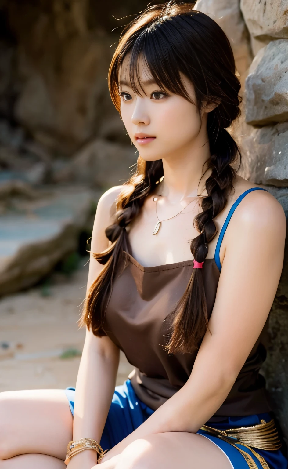 ((Perfect anatomy with attention to detail, with detailed full body depiction with no extra limbs)) ,masterpiece,Ulzan 6500,(Realisticなphoto),Idol Shiho plays a Native American woman who lives in the beautiful, majestic canyons of the American West.,((Cute twin-tail braids,She is wearing a thick braided headband.:1.3,Two large eagle feathers are attached vertically)),Wear a large necklace, wristband, and anklet, similar to the talismanic magatama used for sun dancing.,Running with a big, furry wolf through a moonlit valley with a huge canyon in the background,He looks great in traditional Native American clothing made roughly from brown leather.,4K photo of a woman sitting down from the side with her hips up(最high quality:1.2),(Realistic:1.37),Vibrant colors,Soft moonlight,native pattern,Flowing hair accessories and traditional clothing,Expressive and powerful eyes,Impressive features,A proud and powerful stance,Background sacred animals,Natural elements,Iconic moon and stars,Tribal symbols,Subtle texture,Painterly style,Emphasizing light and shadow,Clear Face,masterpiece,Super Detail,Great composition,Ultra HD,high quality,Very detailed,soft,4K wallpaper,Super Detail,Large-scale 4K photography with deep depth of field,