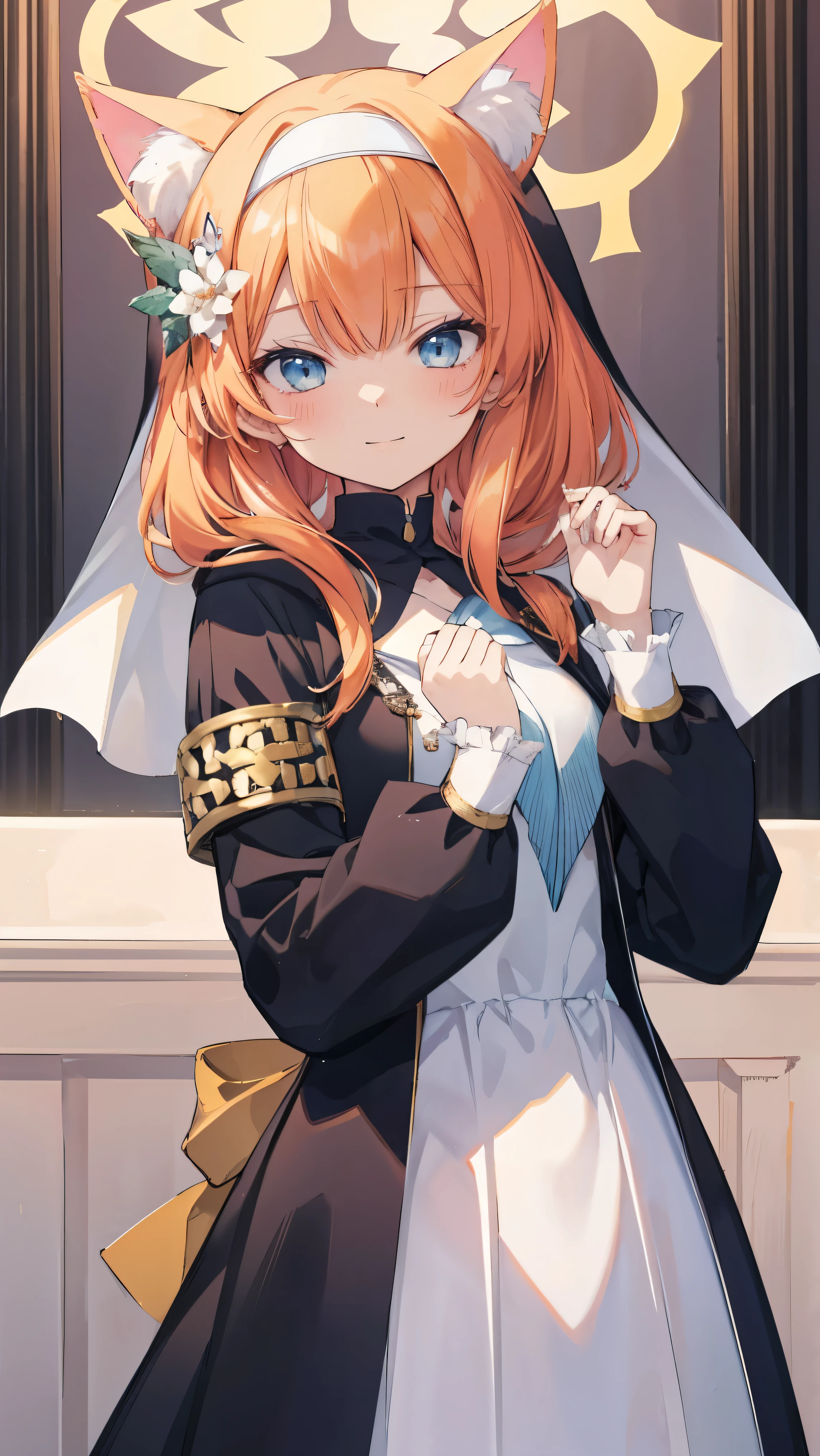 Marie、masterpiece、Best image quality、最high quality、Good looking girl (smile、blush, Perfect Face), independent , Looking into the camera, masterpiece, Anime art style, Cute Characters, Dynamic pose、Most detailed, high quality、Shiny Hair、Very fine and beautiful bright eyes、Very detailed, clear and beautiful face, Awards, Anatomically correct、Cat ear、Orange Hair、Lolita、Small breasts、uniform、Hooded、church