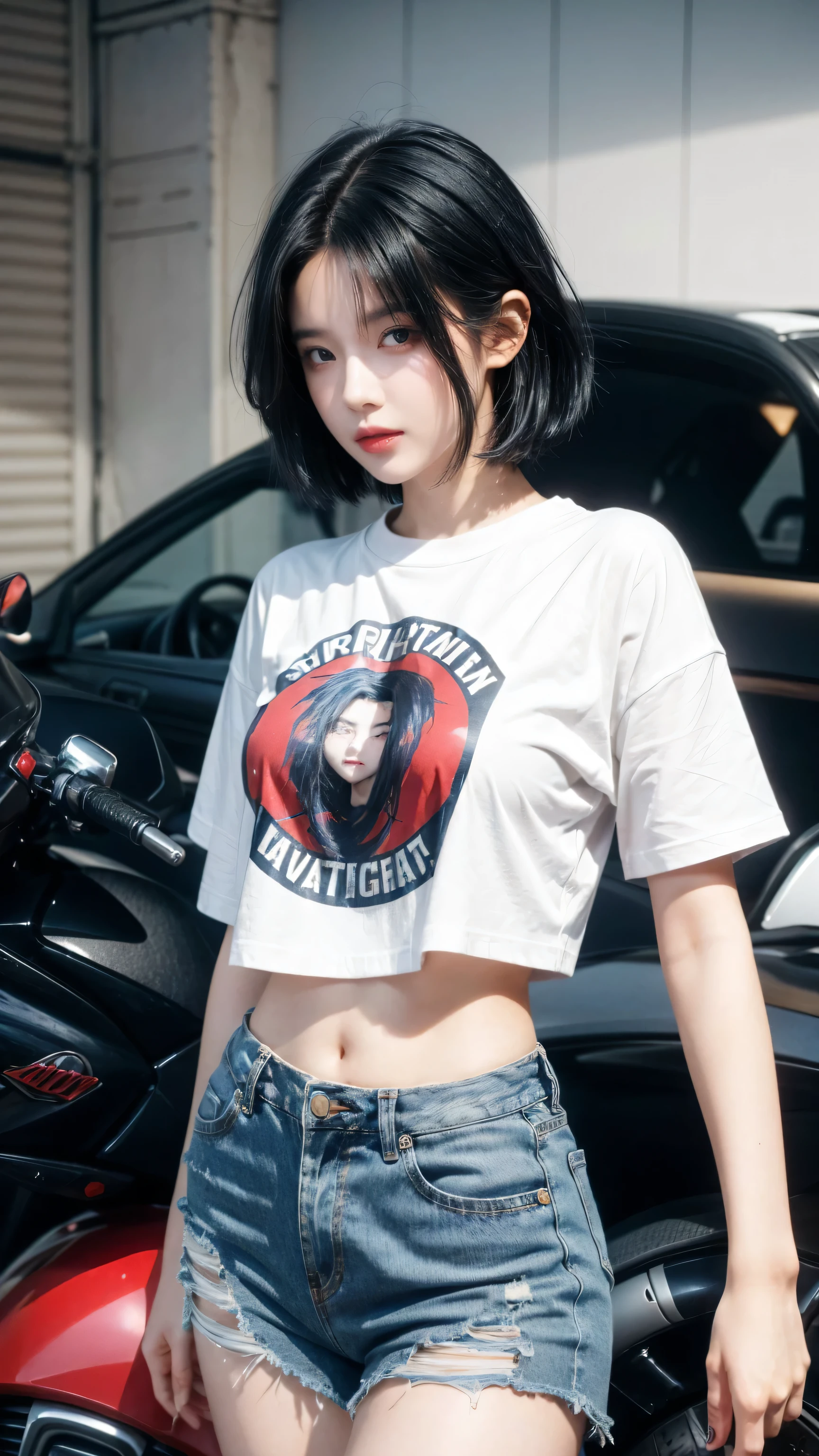 best quality, 1 Girl, dark blue hair, black eyes, Very short hair, Spiky hair, oversize t-shirt red , High waist short jeans, 171 cm, Messy hair, Hair between the eyes, Medium breasts, full, Tomboy, aldult, 20 years old, 1 Girl near motorcycle red