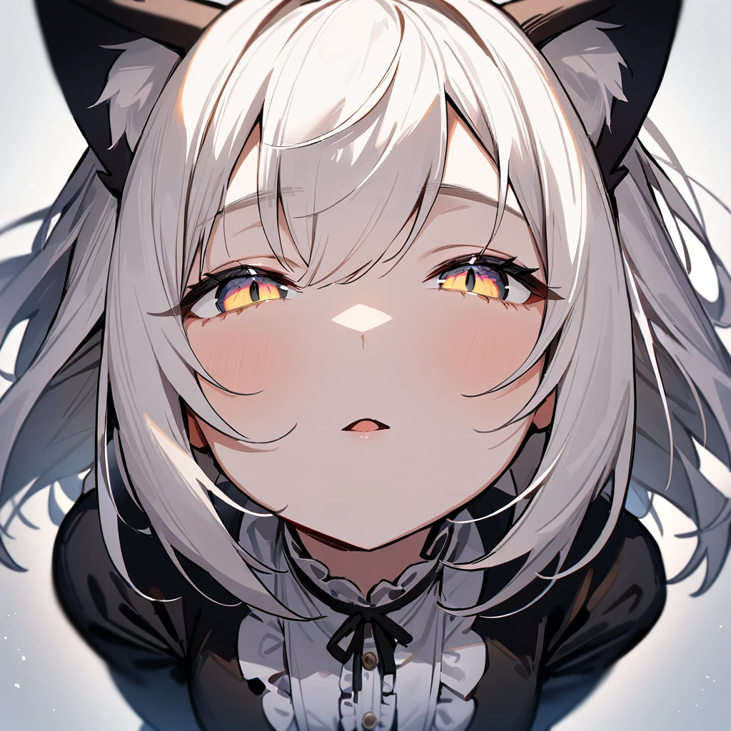 1girl,portrait,Cat ear,Slit pupil,masterpiece,best quality, very aesthetic,absurdres,highlight,center frills,cat ear,medium shot,looking at viewer,half closed eyes,front view,(looking up:1.3),Parted lips,kiss,(from above:1.3),Dutch angle,straight-on,White hair,outstretched arms