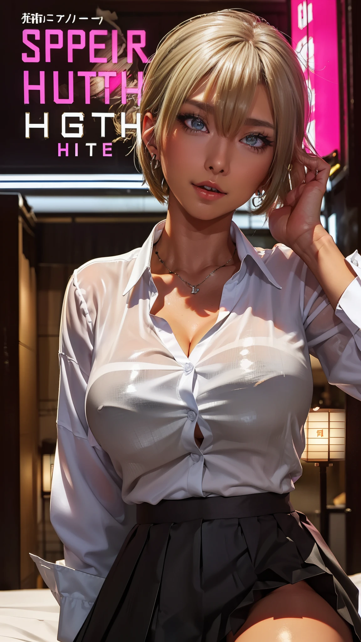 ((JAV Cover:1.8, big, POP title text:1.8)),(SFW:1.8, highest quality、highest quality、masterpiece、Ultra-とhigh resolution, 8k, RAW Photos, Realistic: 1.4), (Safe and secure、Everyone、safety sensor、Absolutely safe, safety), Indirect lighting to suit your space、From feet to head、One Girl, the body is slim、Oval Face, pore, (Multi-color contact lenses、Lip gloss, Long eyelashes), (Mega Size Super Big Tits:1.5), ) (Detailed pupil, Perfect Eyes:1.2), (Reflect light、Shiny clothes that show wrinkles:1.2), (Lots of ear piercings:1.2), necklace, latex, Attractive perfect female proportions, Captivating smile, Fine surface texture, high school girl、short hair、Cream yellow and light blue inner hair color、(White shirt and black pleated skirt:1.8)、(A girl wearing a cream yellow cardigan)、(((Mega Super Busty))), Big cleavage、Sexy bra visible through the gap、(A casual Japanese love hotel with bright neon lights、Sexy messy bed:1.8)、Spread your legs、、Young and pretty girl、Put a straw in a long beer can、(Open your mouth :1.5)、