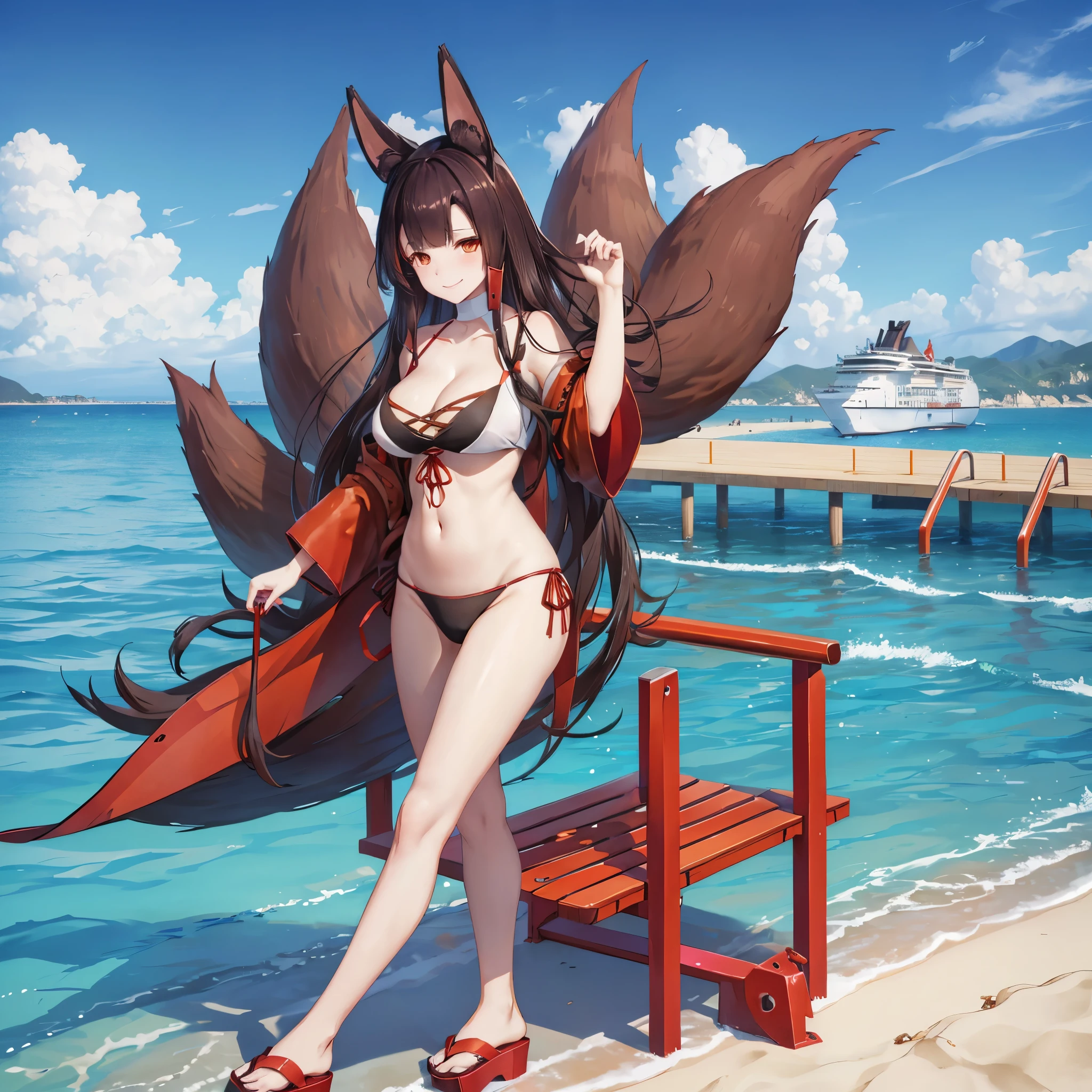 A woman wearing a red bikini, red beach cover-up, dark brown hair, kitsune ears, multi-tailed kitsune, (akagi_azur_lane), orange eyes, smiling, beach flip-flops, full body, walking on an external platform of a luxury cruise ship ( with swimming pool, lounge chairs, bench, staircase, white platform with a variety of gray tones)
