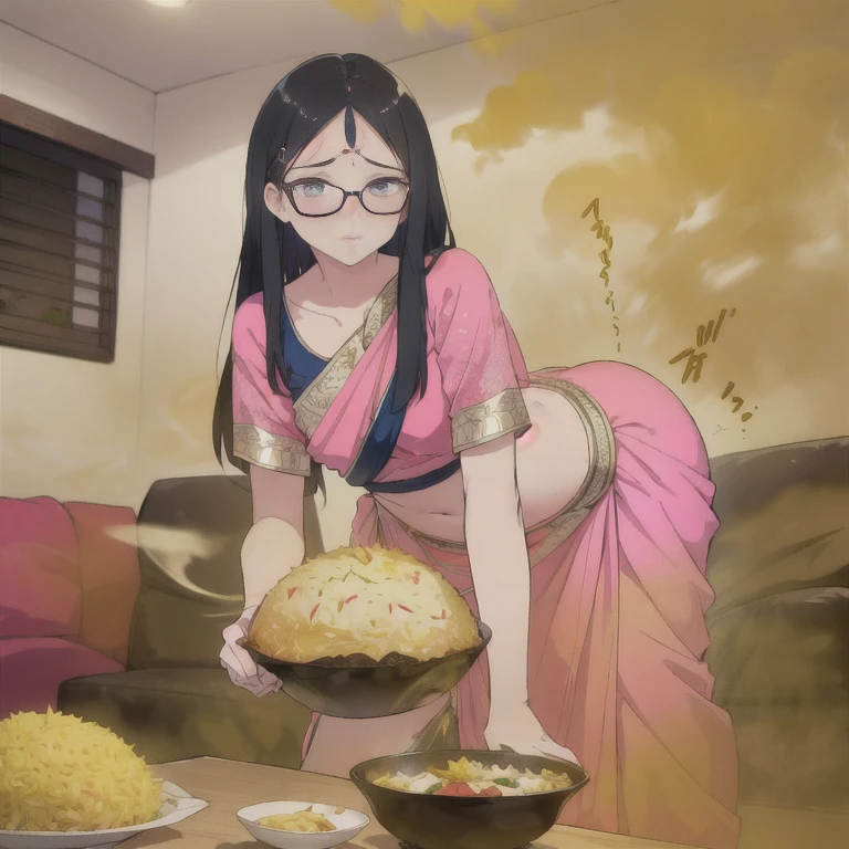 ((saree girl))),wear saree,,Yellow smoke,Attacked by farts, Attack with farts,)),(attacks with farts)),((wearing pink saree and glasses)),velocity,, (((Yellow smoke is rising ))),((Hip Attack)),((fart while holding stomach),((Facing this way))),(Black and long hair),​masterpiece:1.2、top-quality)、(the Extremely Detailed CG Unity 8K Wallpapers、ultra-detailliert、Best Shadows)、(Detailed background)、(The best lighting、extremely delicate and beautiful)、depth of fields,((Girl fart)),(big fart),(((((There is a biryani on the table in front of female model.......))))),(((Indian girl attacks with a hip attack..))),(((high-handed female model)),(((Indian girl enjoys the fart smell))),()),(,((fart text)),(THE TEXT:BBRRPPHHH)),((living room))