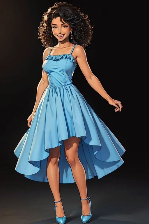((full body:1.4)). cute 20 yo biracial woman with curly hair, short, beautiful fit figure. Warm(smile:1.2), ice blue ruffle dress, kitten heel shoes.