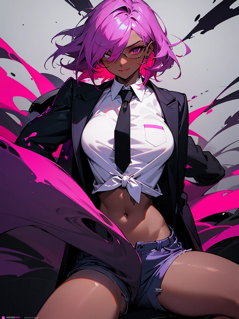 1 woman, adult, ((dark skinned woman, hair over the one eye)), pink hair, messy hair, purple eye, glasses, white shirt, short pants, black tie, underboob, earrings, dynamic pose, masterpiece, dark and gritty background ,
color palette is mainly dark with splashes of vibrant colors, dynamic and visually striking appearance, film poster featuring a young woman as the central character, She sitting confidence, show off under wear, nsfw, open legs, teasing smile,