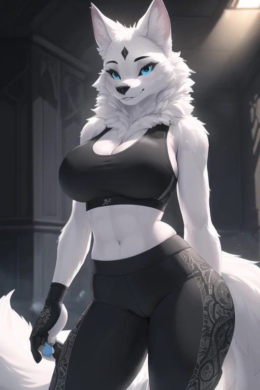 (best quality, highest quality, intricate, highres, 8k, anthropomorphic Sexy Pretty, furry, uploaded_on_e621:1.4), (furry:1.2), Black/White fur, tail, colors elements on fur, Large breasts, clothed, destiny, (Black Sports Bra and Spandex pants:1.2), standing, idle pose, very happy, beautiful Front view, pov, close-up, beautiful lights and shadows, ambient light, ultra-detailed fur, volumetric light, (extreme detailed eye's:1.4)
