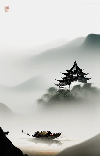 An ancient Chinese painting, ancient Chinese castle floating above misty mountains, rivers, auspicious clouds, pavilions, sunshine, masterpieces, Chinese brush strokes, epic composition, classical Chinese masterpiece by Fang Chunnian, Tang dynasty, Ming dynasty, steampunk castle