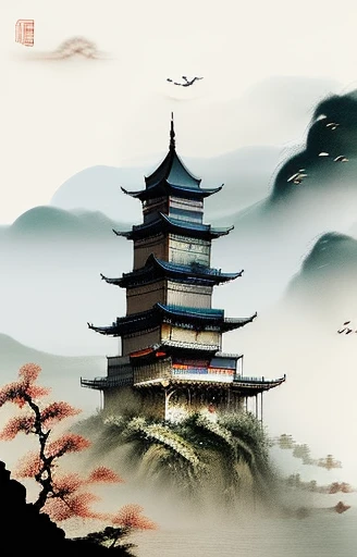 An ancient Chinese painting, ancient Chinese castle floating above misty mountains, rivers, auspicious clouds, pavilions, sunshine, masterpieces, Chinese brush strokes, epic composition, classical  Chinese masterpiece by Fang Chunnian, Tang dynasty, Ming dynasty, steampunk castle