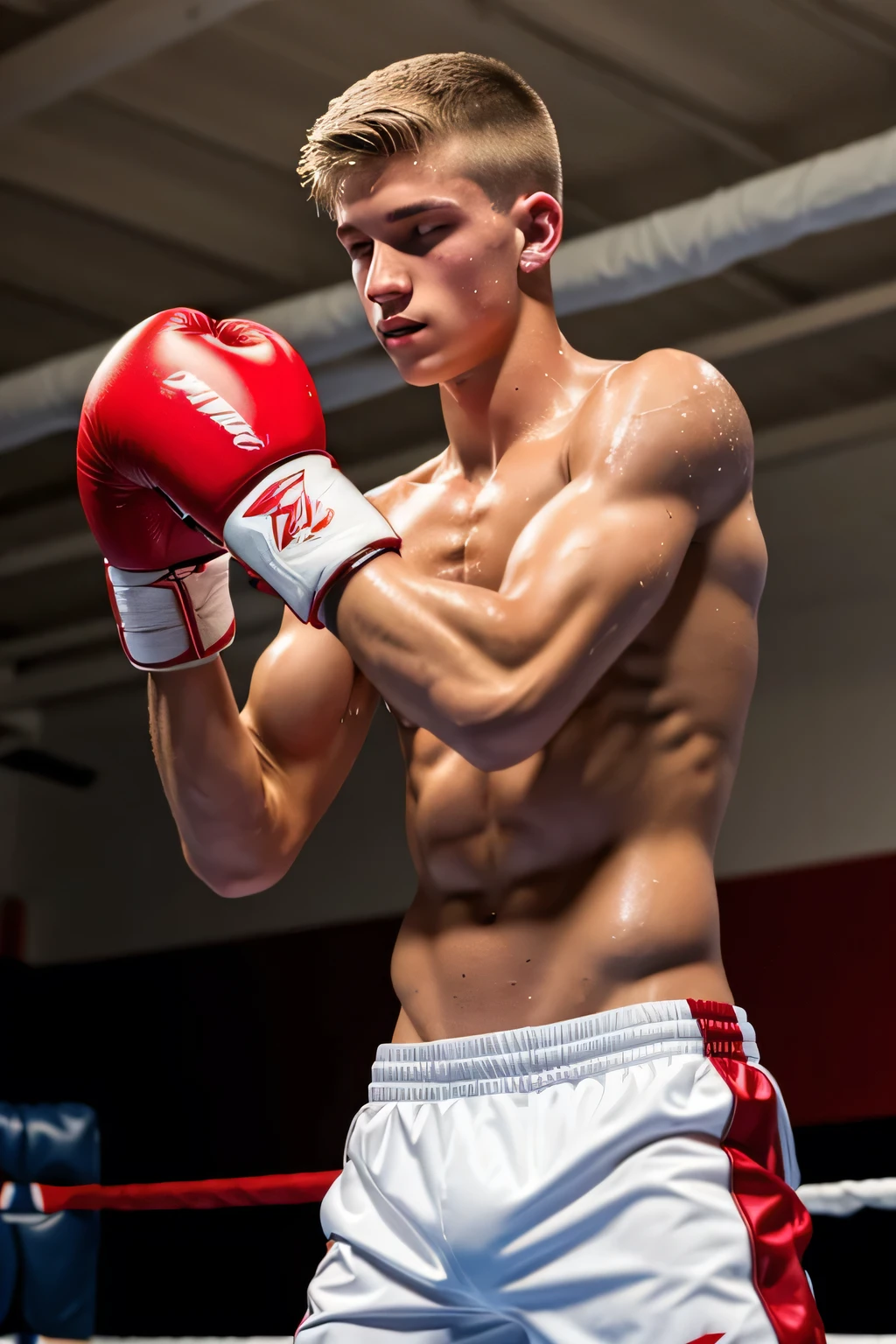 a lean skinny 18-year old shirtless caucasian boy wearing red boxing gloves, white and black boxing shorts, crewcut blonde hair, hazel eyes, tanned skin, sweating, drenched with sweat, in the ring