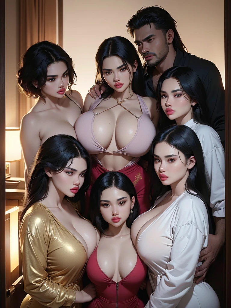 (Best Quality, 2k, Masterpiece, QHD: 1.3, A Handsome short haired african barbarian   man is surrounded by three women up against him touching him and gaze at him, at a mansion, wearing Tracksuits that show off body, perfect bodies, women: long flowing hair, flowers in hair, seductive, materials, golden hour, , jewelry, golden hour, photorealistic, masterpiece, in love, small grin, perfect faces, Flirtatious-groping 