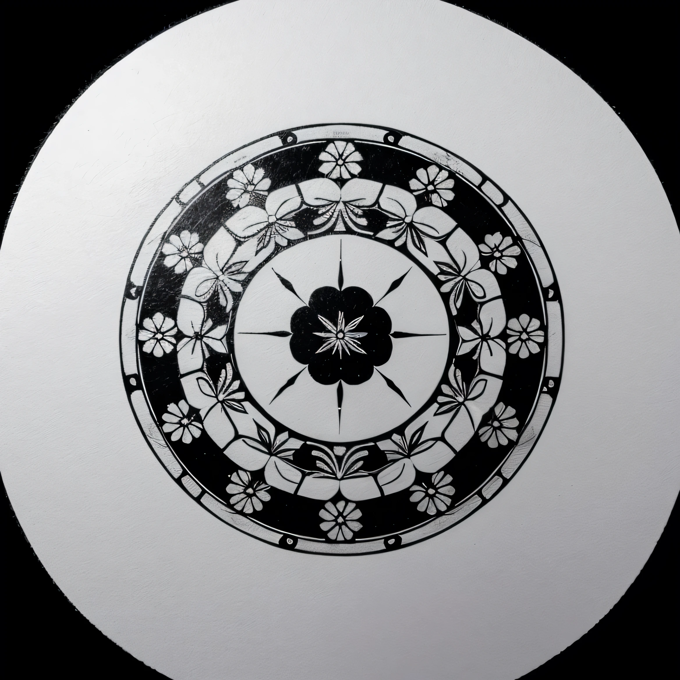 A traditional Japanese kamon crest in black and white with a Logo styled, dedicated and inspired in the flower purple guaria from the country of Costa Rica. Circular shape but with not too much details