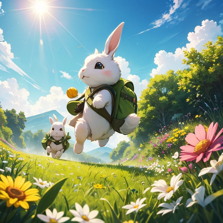 A joyful and vibrant cartoon illustration of a rabbit and a turtle running playfully through a lush field of colorful flowers. The rabbit is in the lead, its fluffy white tail wagging, while the turtle, carrying a small backpack, follows closely behind. The field is a beautiful blend of various flower colors, with a warm sun shining brightly in the sky. The overall atmosphere is cheerful, with a sense of friendship and adventure.