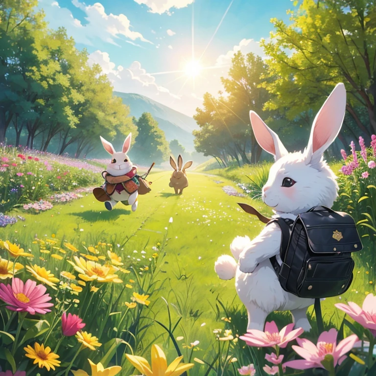 A joyful and vibrant cartoon illustration of a rabbit and a turtle running playfully through a lush field of colorful flowers. The rabbit is in the lead, its fluffy white tail wagging, while the turtle, carrying a small backpack, follows closely behind. The field is a beautiful blend of various flower colors, with a warm sun shining brightly in the sky. The overall atmosphere is cheerful, with a sense of friendship and adventure.