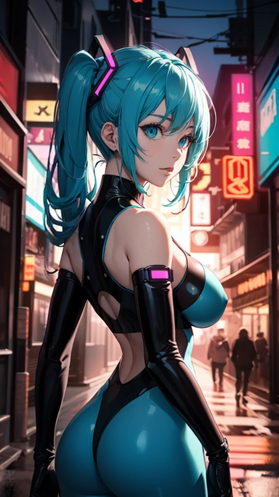 ((Highest quality))、(masterpiece)、Hatsune Miku VOCALOID、(Twin tails)、Light blue hair、Water-colored pupils、cyber punk、Ultimate Physical Beauty、Big Ass、(Big Breasts)、Bod ysuits、Sexy pose、-yeld gihas electronic visor fitted to her face、red latex body、Cyberpunk mode、(Light blue hair:1.4),Breast enlargement、Neon lights in the dark city at night,Unreal Engine:1.4,Ultra-high resolution,La highest quality:1.4, Realistic:1.4, Skin Texture:1.4, masterpiece:1.8,masterpiece, highest quality,（Beautifully detailed eye depiction）