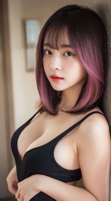 show off nipple,Tabletop, highest quality, figure, Super detailed, In detail, High resolution, In 8K,wallpaper, Perfect dynamic composition, Beautiful fine details, Black Tank Top,Short Bob Hair、Pink Hair Color,Big Natural Color Lip, Bold sexy pose,Expressionless、Cold Stare,Harajuku、20-year-old girl、cute、sexy shot looking at camera、In a dark room、Sleeping in bed