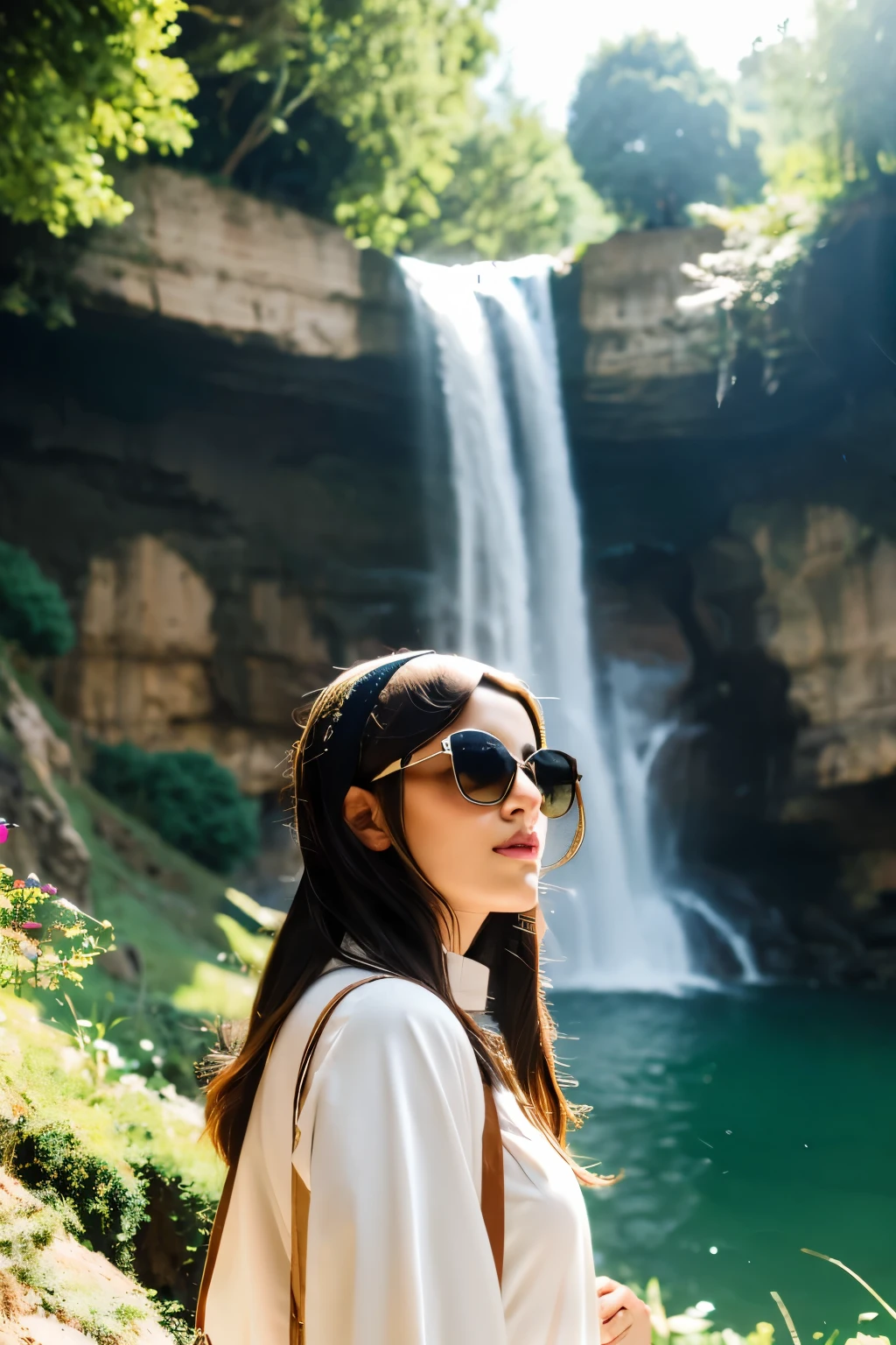 young Arabic lady, with black sunglasses and traditional Arabic cloths, stands in front of a beautiful waterfall mountain