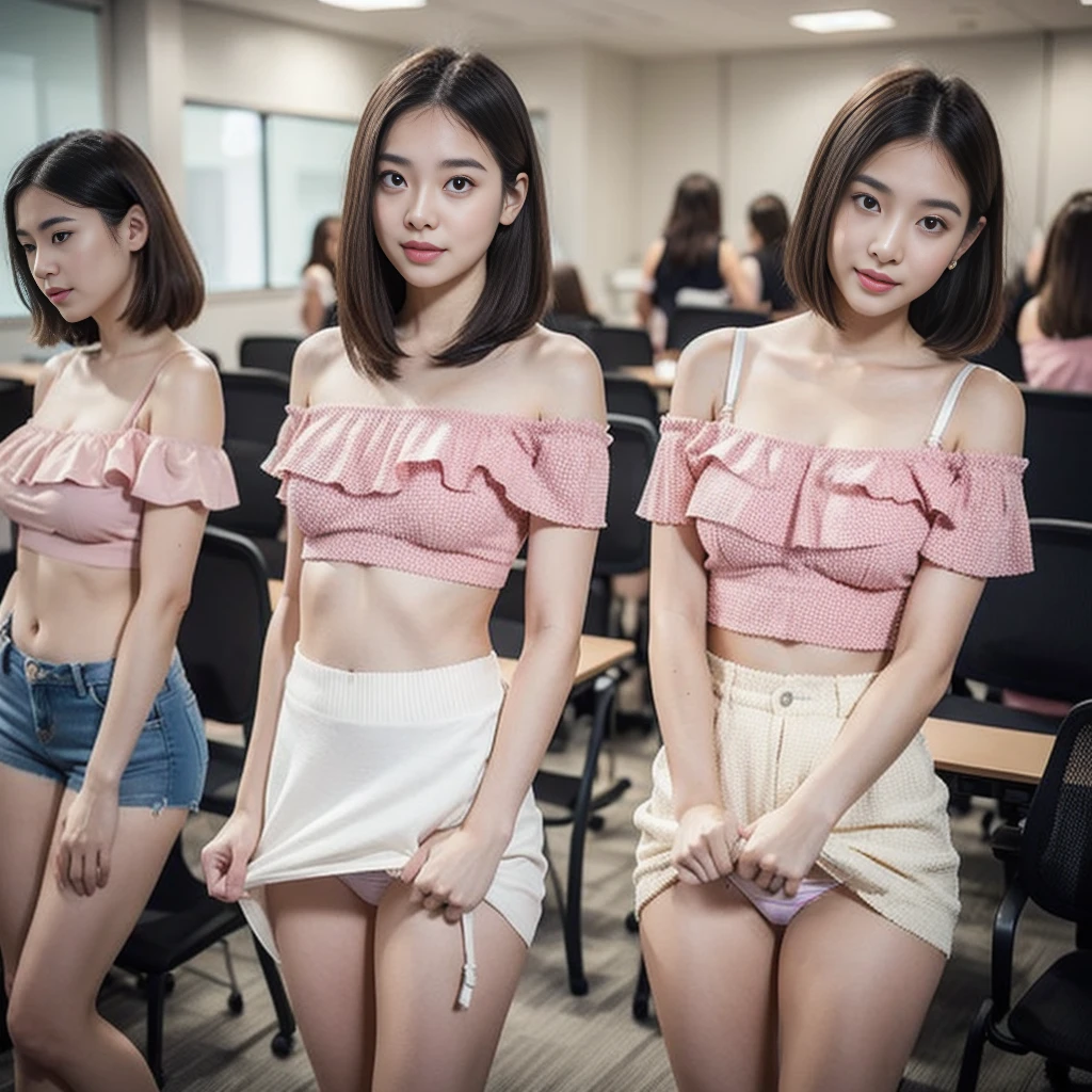 extremely detailed 3 cute girls, 25years old, best quality, ultra-detailed, masterpiece, cinematic light, realistic, photo realistic, (skirt lift), ((skirt lift by myself)), plain white panties , panties focus, blush, looking at viewer , half body shot , wearing off-shoulder shirt , bra, (crowd), (office meeting room) , short hair. bokeh background