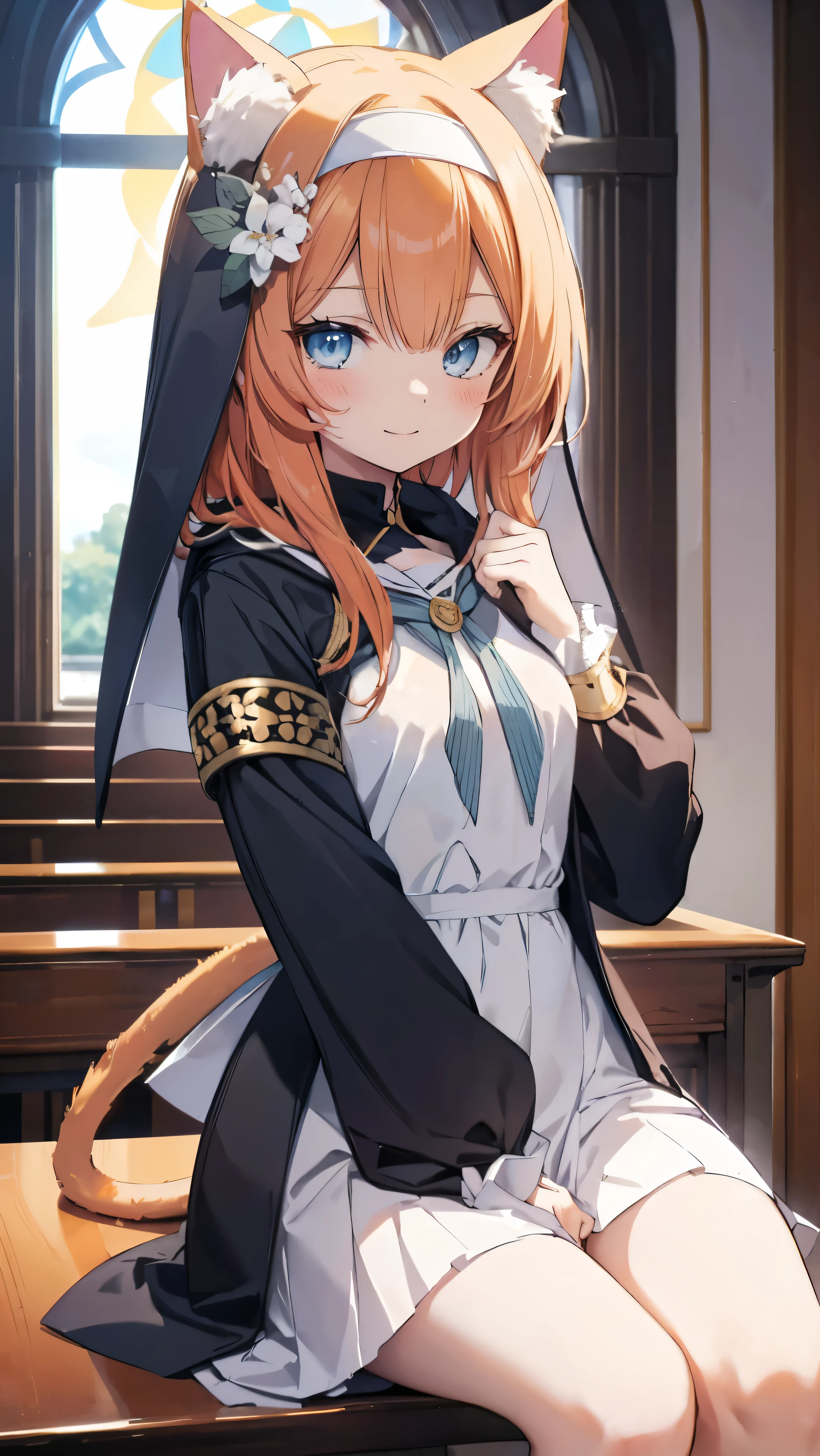 Anime girl with cat ears sitting on a bench in a church - SeaArt AI