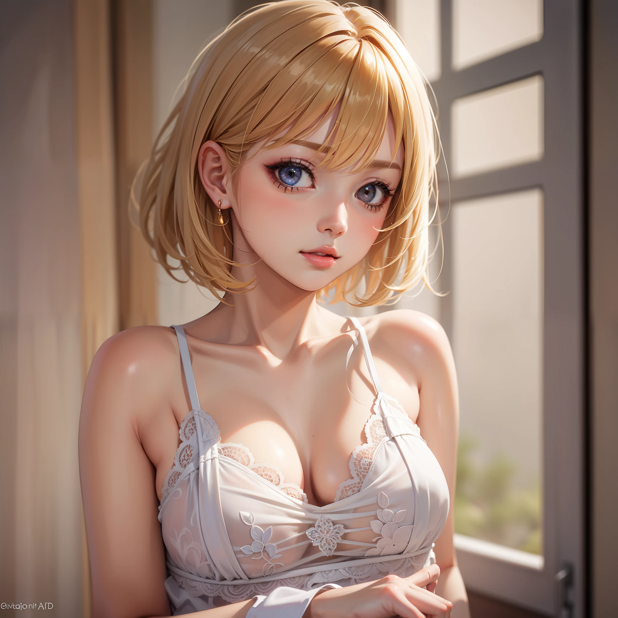 masterpiece,best quality,high quality,realism,looking at the audience,Detailed lighting,The skin is very delicate,Extremely detailed short hair,blonde,shadow,8K:1.2,1 girl,Biting your lips:1.4, close up, woman'shirt,Lace shorts,Crop Top