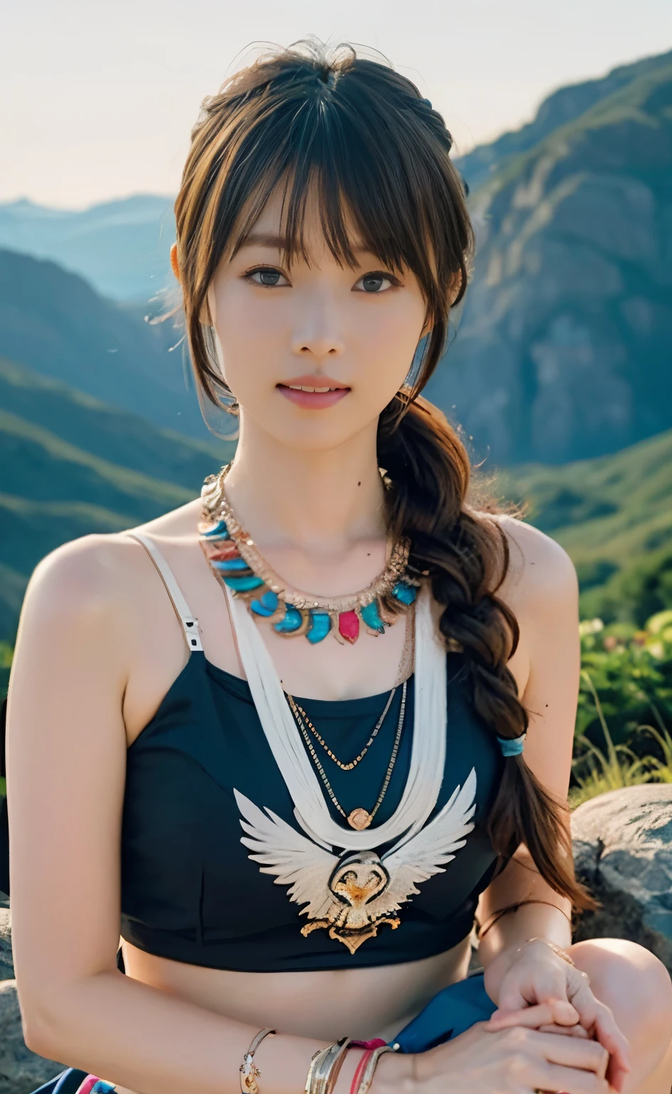 ((Perfect anatomy with attention to detail, with detailed full body depiction with no extra limbs)) ,masterpiece,Ulzan 6500,(Realisticなphoto),Idol Shiho plays a Native American woman who lives in the beautiful, majestic canyons of the American West.,((Native American Indian Sundance Costume:theme: Honoring the sunそしてspiritual renewal.clothing:Sundance costumes or costumes featuring the sun symbol,((Cute twin-tail braids,Wearing a hairband over her eyes:1.3,Two large, long eagle feathers are attached vertically)),Wearing a large necklace like a talisman-like magatama, wristbands and anklets,Running with a big, furry wolf through a moonlit valley with a huge canyon in the background,He looks great in traditional Native American clothing made roughly from brown leather.,4K photo of a woman sitting down from behind with her hips up(最high quality:1.2),(Realistic:1.37),Vibrant colors,Soft moonlight,native pattern,Flowing hair accessories and traditional clothing,Expressive and powerful eyes,Impressive features,A proud and powerful stance,Background sacred animals,Natural elements,Iconic moon and stars,Tribal symbols,Subtle texture,Painterly style,Emphasizing light and shadow,Clear Face,masterpiece,Super Detail,Great composition,Ultra HD,high quality,Very detailed,soft,4K wallpaper,Super Detail,Large-scale 4K photography with deep depth of field,