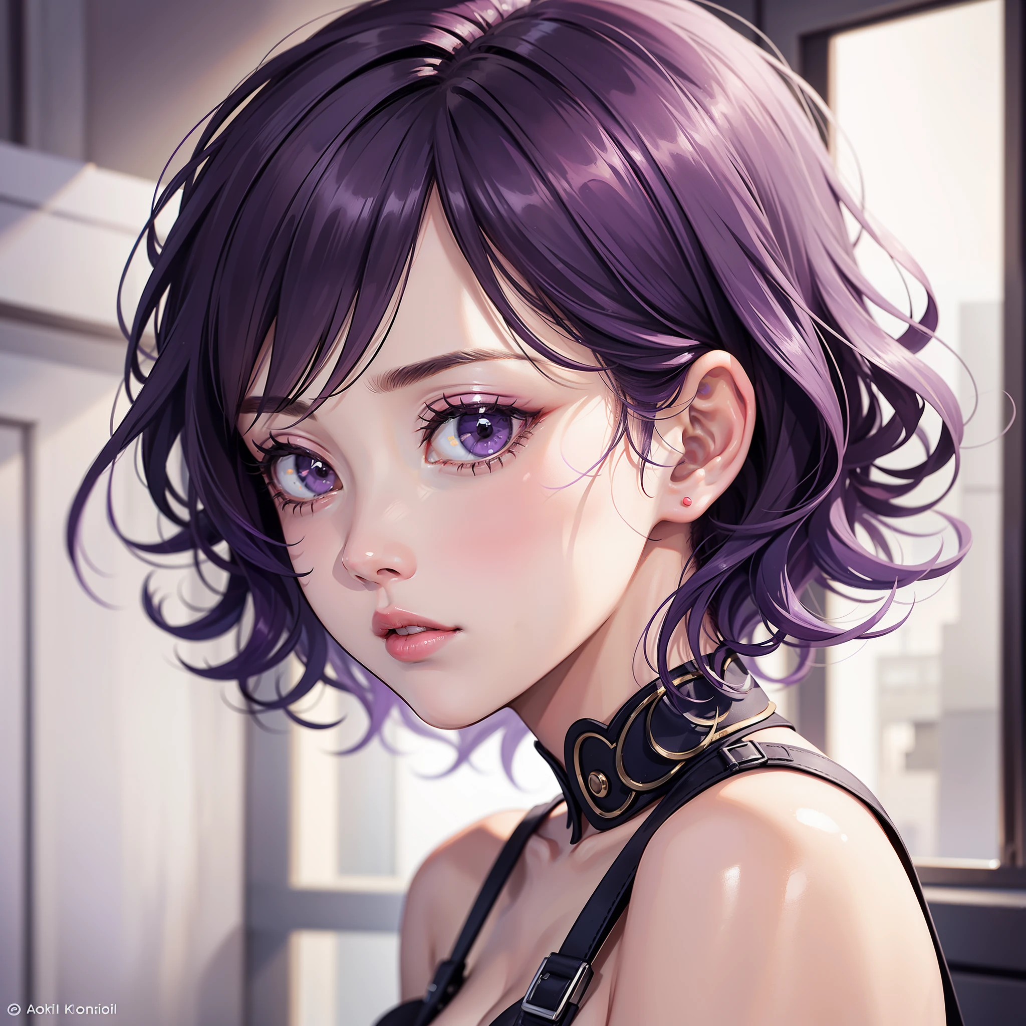 masterpiece，best quality，high quality，realism，looking at the audience，Detailed lighting，The skin is very delicate，Extremely detailed short hair，Purple Hair，shadow，8K：1.2，1 girl，Biting your lips:1.4, close up, woman&#39;shirt，Lace shorts，Crop Top