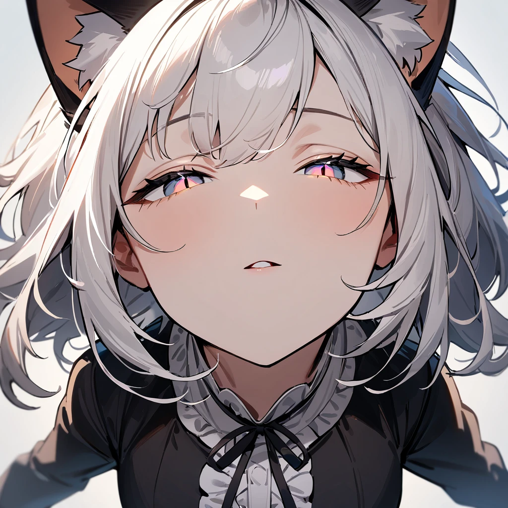 1girl,portrait,Cat ear,Slit pupil,masterpiece,best quality, very aesthetic,absurdres,highlight,center frills,cat ear,medium shot,looking at viewer,half closed eyes,front view,(looking up),Parted lips,kiss,(from above),Dutch angle,straight-on,White hair,outstretched arms