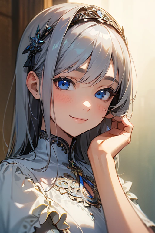 (masterpiece: 1.2, highest quality), (Actual Photos, Intricate details), 1. woman, alone, Upper Body, casual, Shoulder-length hair, Minimal makeup, Natural materials, Face close-up, smile, Home, Gray Hair, blue eyes, Shoulder Bare、優しいsmile、the face remains the same、gorgeous hair accessory、