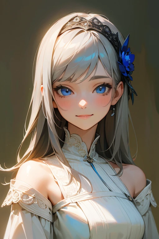 (masterpiece: 1.2, highest quality), (Actual Photos, Intricate details), 1. woman, alone, Upper Body, casual, Shoulder-length hair, Minimal makeup, Natural materials, Face close-up, smile, Home, Gray Hair, blue eyes, Shoulder Bare、優しいsmile、the face remains the same、gorgeous hair accessory、