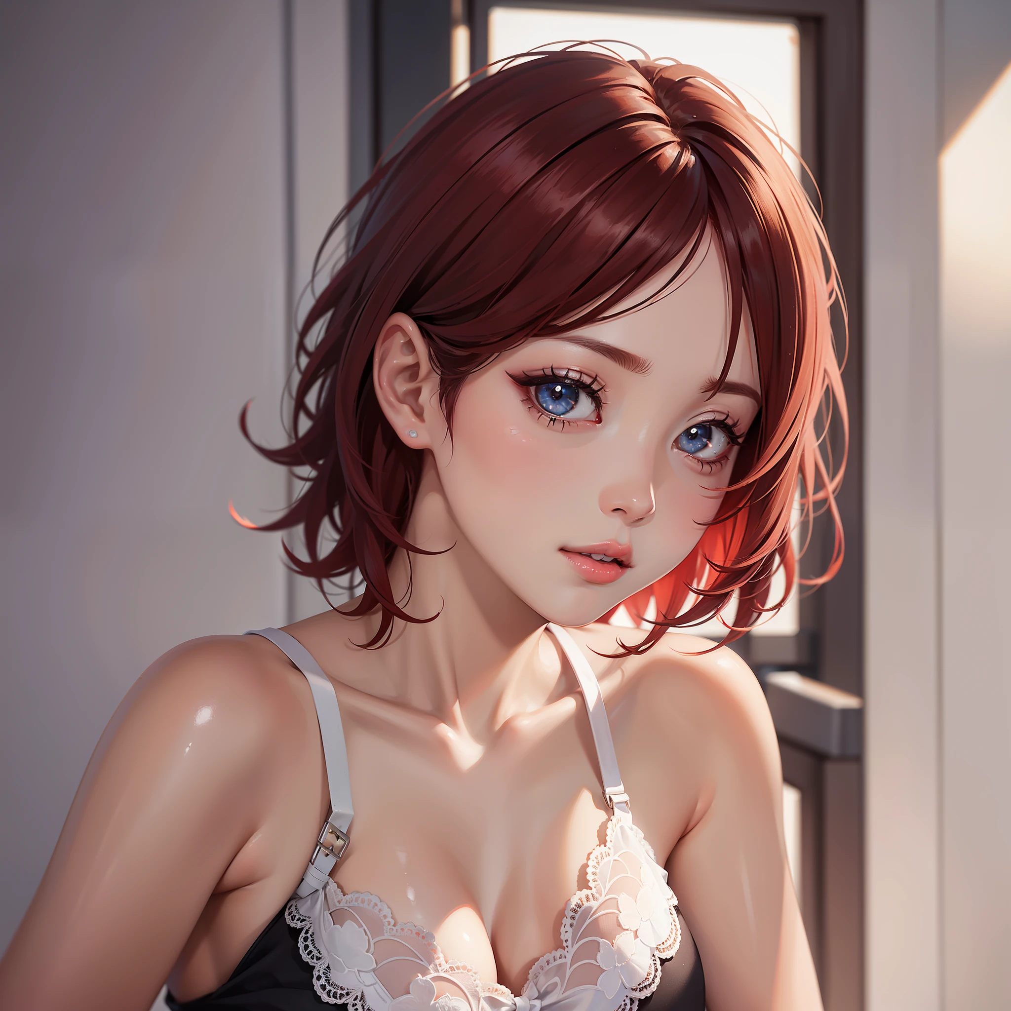 masterpiece,best quality,high quality,realism,looking at the audience,Detailed lighting,The skin is very delicate,Extremely detailed short hair,Red Hair,shadow,8K:1.2,1 girl,Biting your lips:1.4, close up, woman'shirt,Lace shorts,Crop Top