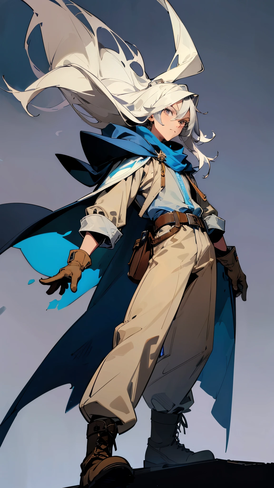 a man with grey long hair and grey eyes, wearing a ice hooded cape, a blue shirt, beige pants, gloves, a belt, and boots, masculine pose, figther expression, colorful smoky background, magical smoke, psychedelic colors